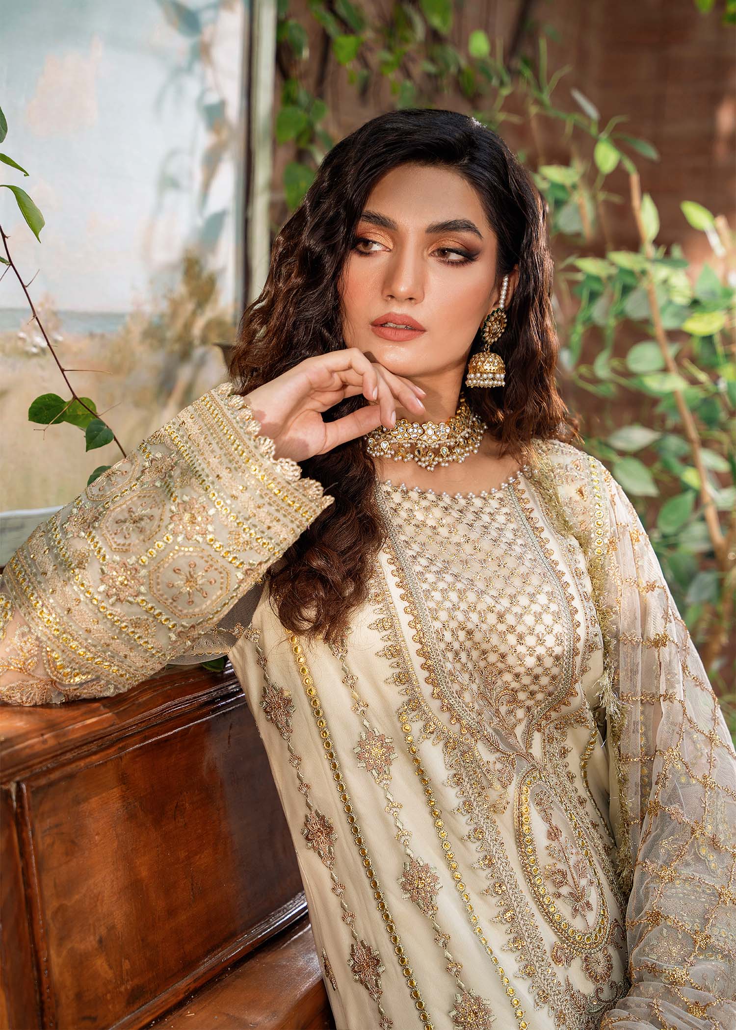 Women Wearing Mehrunisa Beige Long Shirt With Sharara For Formals Events - Pakistani Designer Wear For Women In UK | Kifat