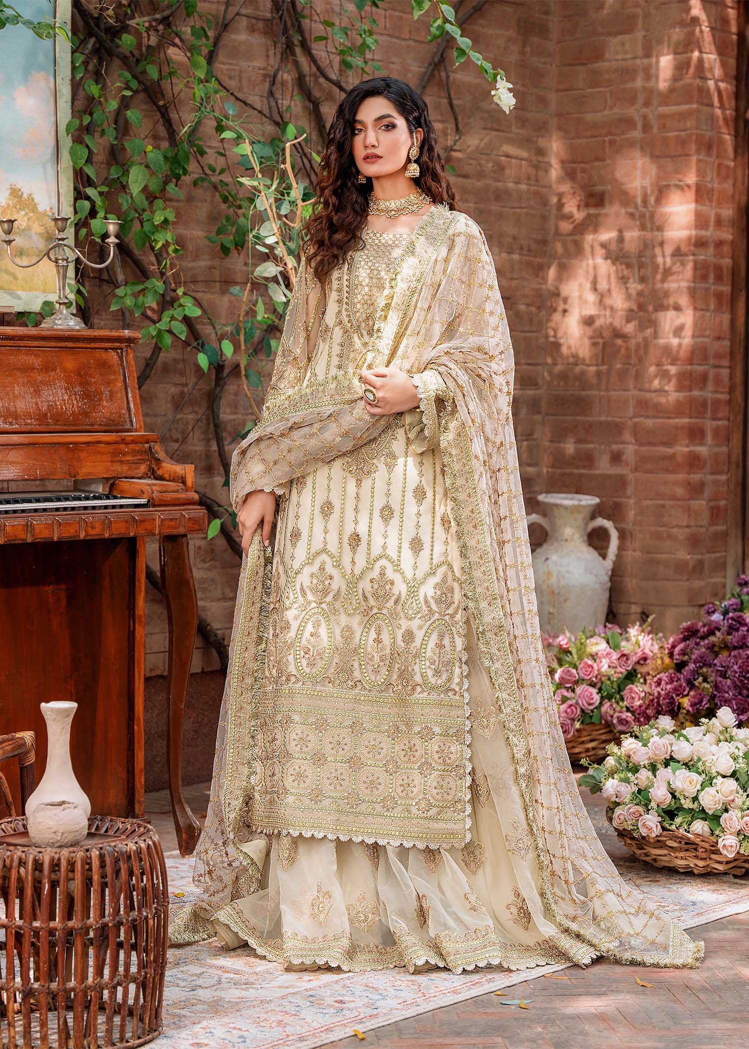 Women Wearing Mehrunisa Beige Long Shirt With Sharara For Formals Events - Pakistani Designer Wear For Women In UK | Kifat