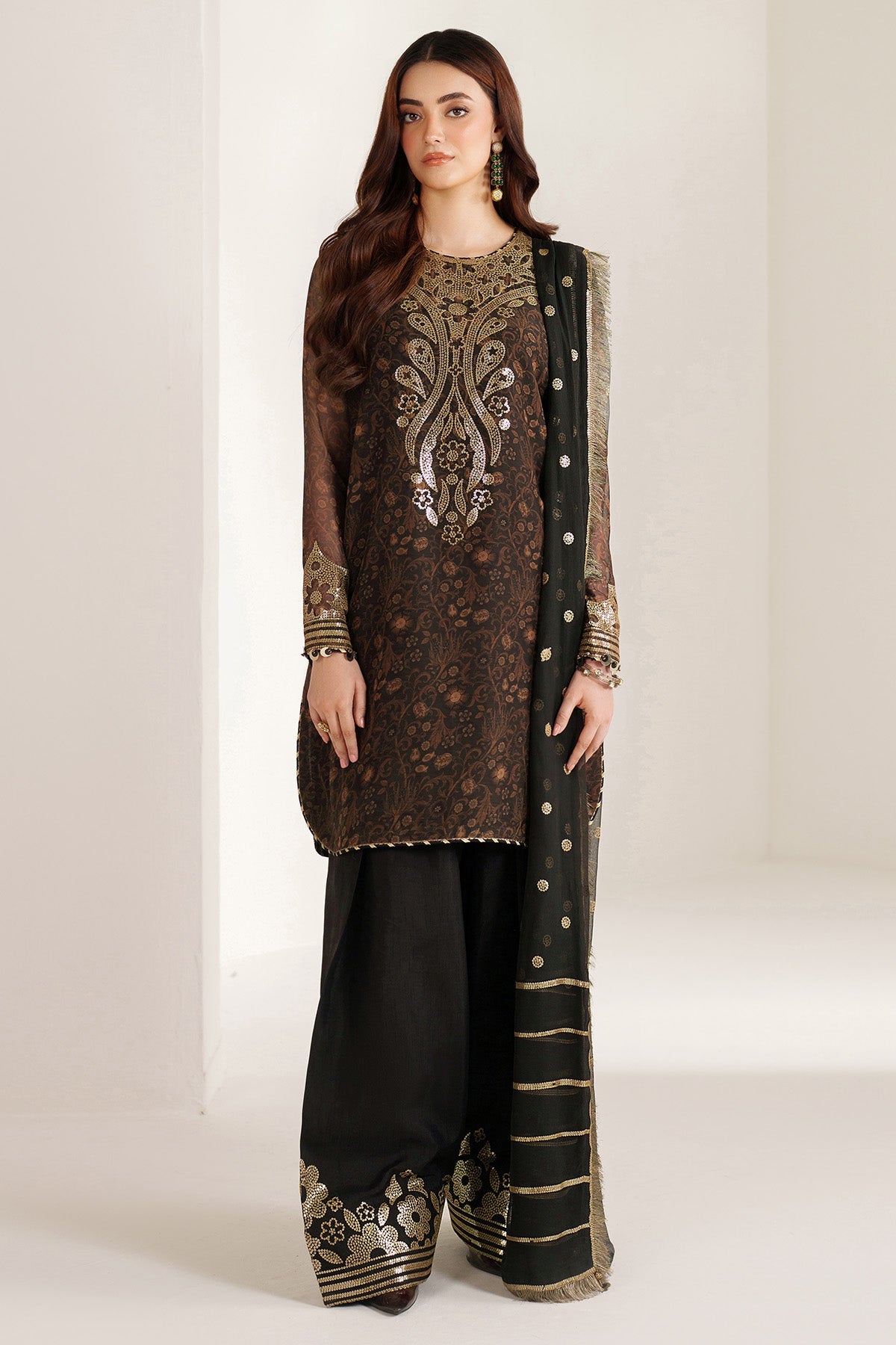 Women Wearing EMBROIDERED CHIFFON UC-3109 Brown Short Shirt for Wedding Events - Pakistani Designer Wear for Women in UK | Kifat