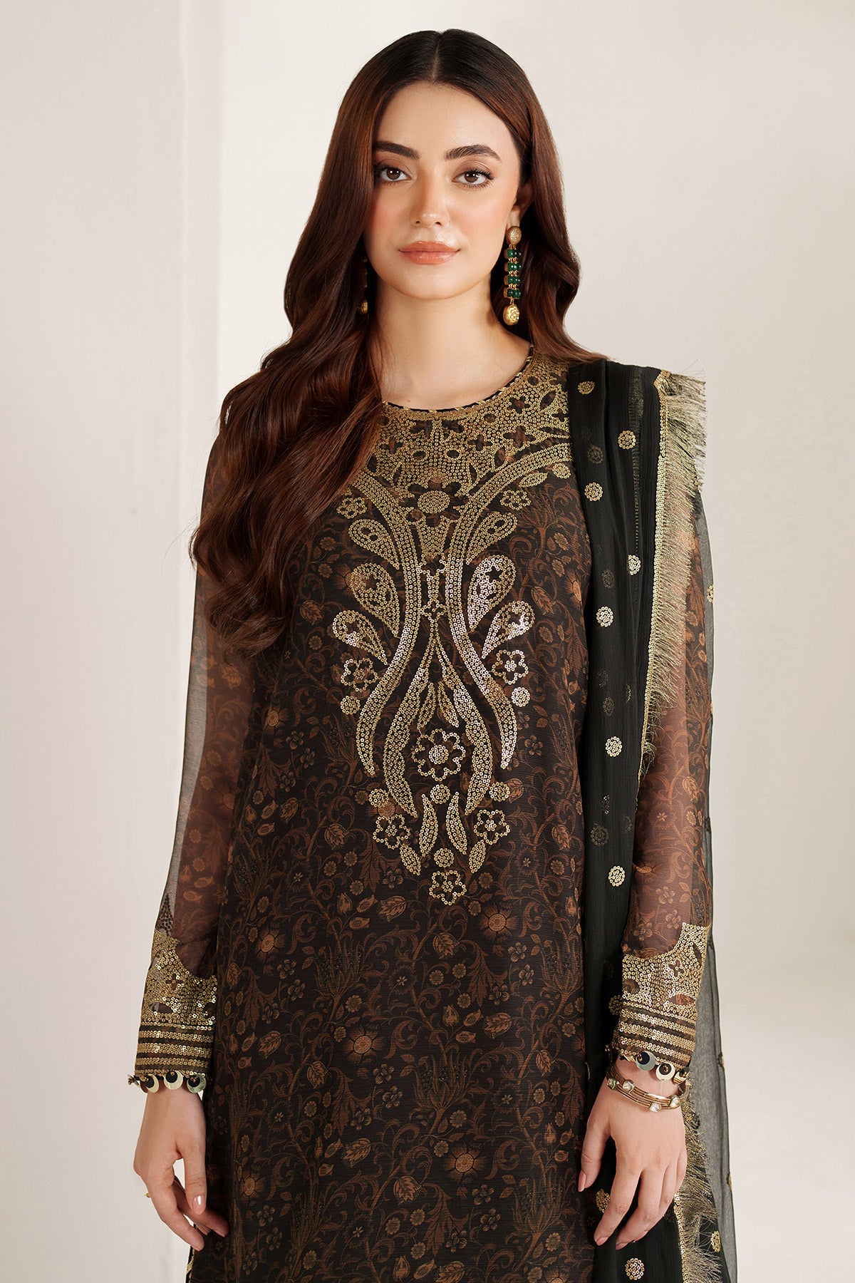 Women Wearing EMBROIDERED CHIFFON UC-3109 Brown Short Shirt for Wedding Events - Pakistani Designer Wear for Women in UK | Kifat