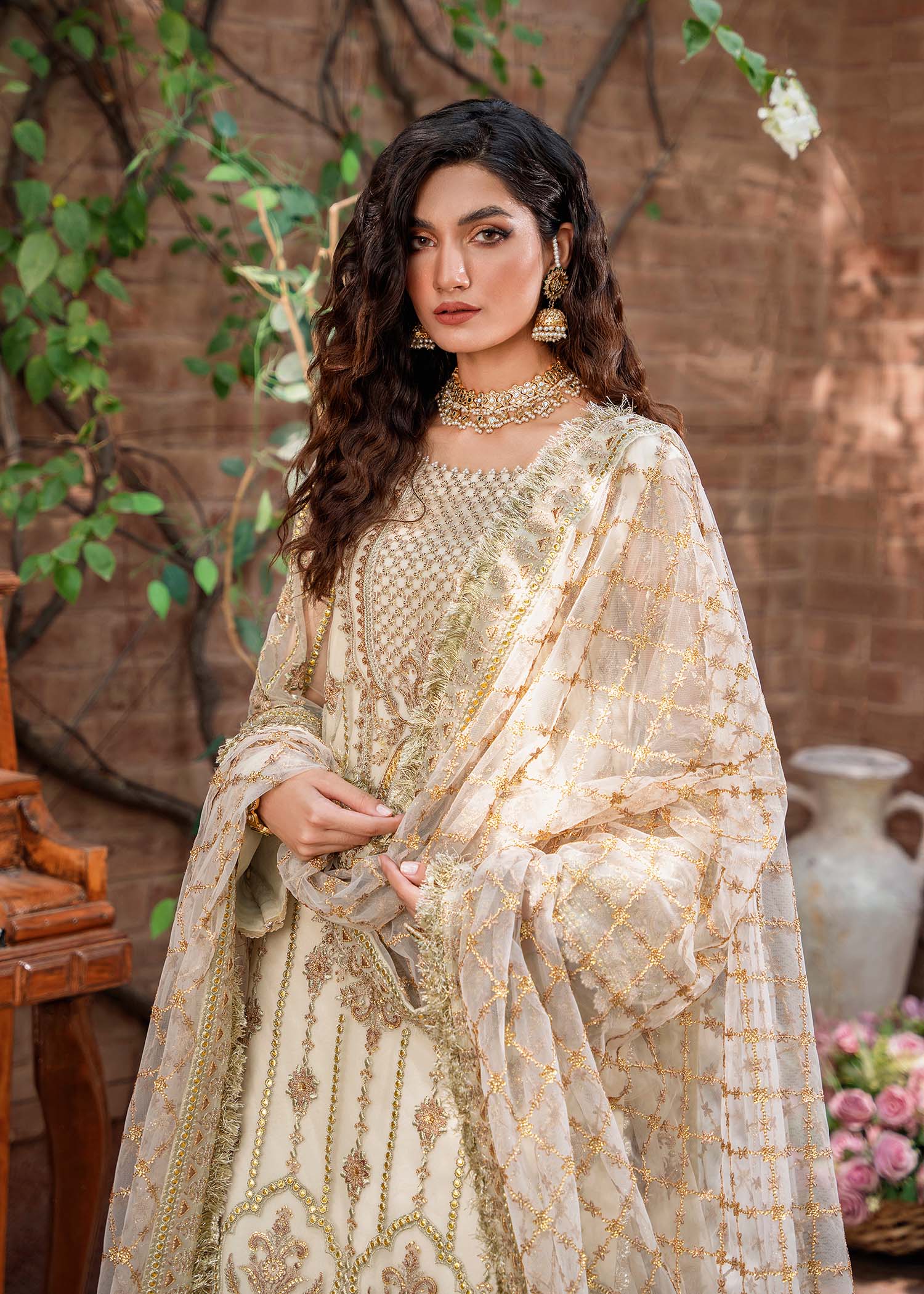 Women Wearing Mehrunisa Beige Long Shirt With Sharara For Formals Events - Pakistani Designer Wear For Women In UK | Kifat