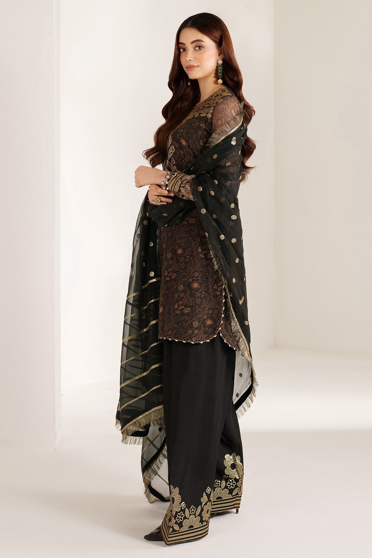 Women Wearing EMBROIDERED CHIFFON UC-3109 Brown Short Shirt for Wedding Events - Pakistani Designer Wear for Women in UK | Kifat