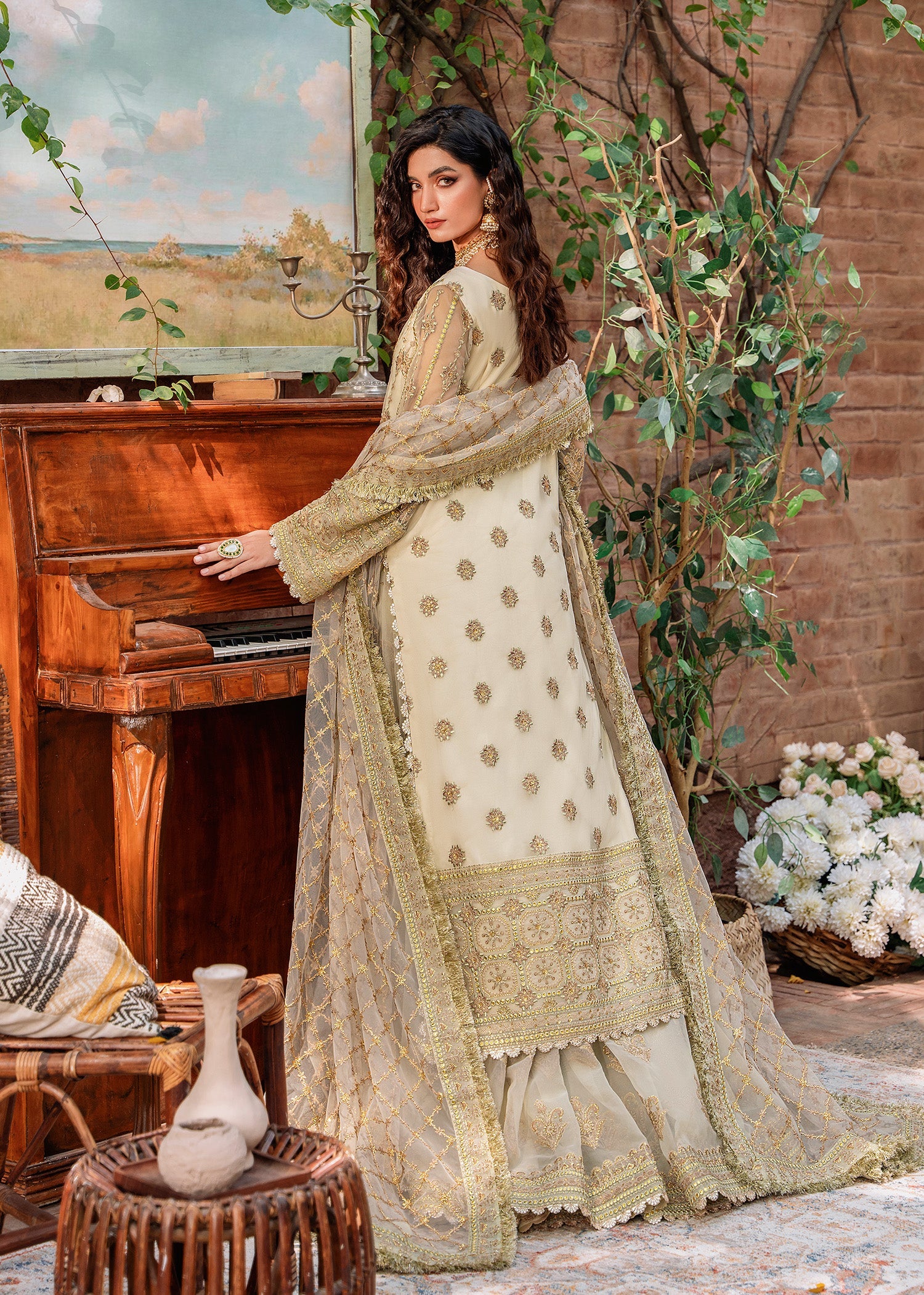 Women Wearing Mehrunisa Beige Long Shirt With Sharara For Formals Events - Pakistani Designer Wear For Women In UK | Kifat