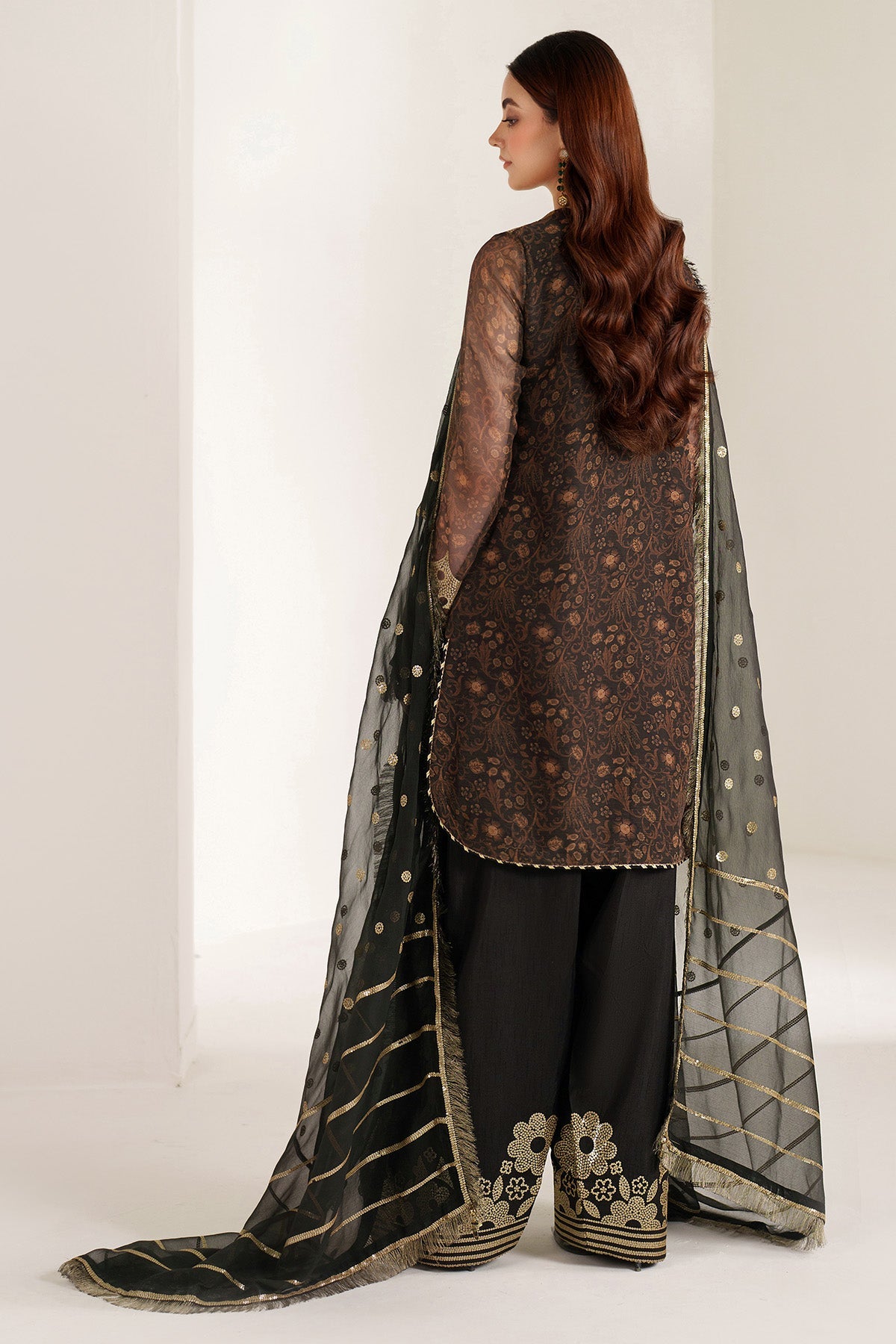 Women Wearing EMBROIDERED CHIFFON UC-3109 Brown Short Shirt for Wedding Events - Pakistani Designer Wear for Women in UK | Kifat