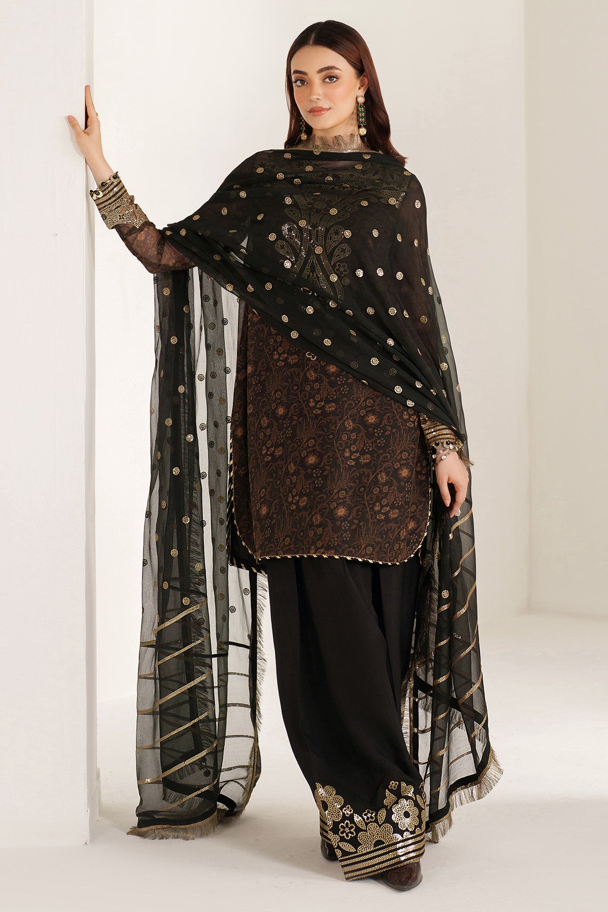 Women Wearing EMBROIDERED CHIFFON UC-3109 Brown Short Shirt for Wedding Events - Pakistani Designer Wear for Women in UK | Kifat