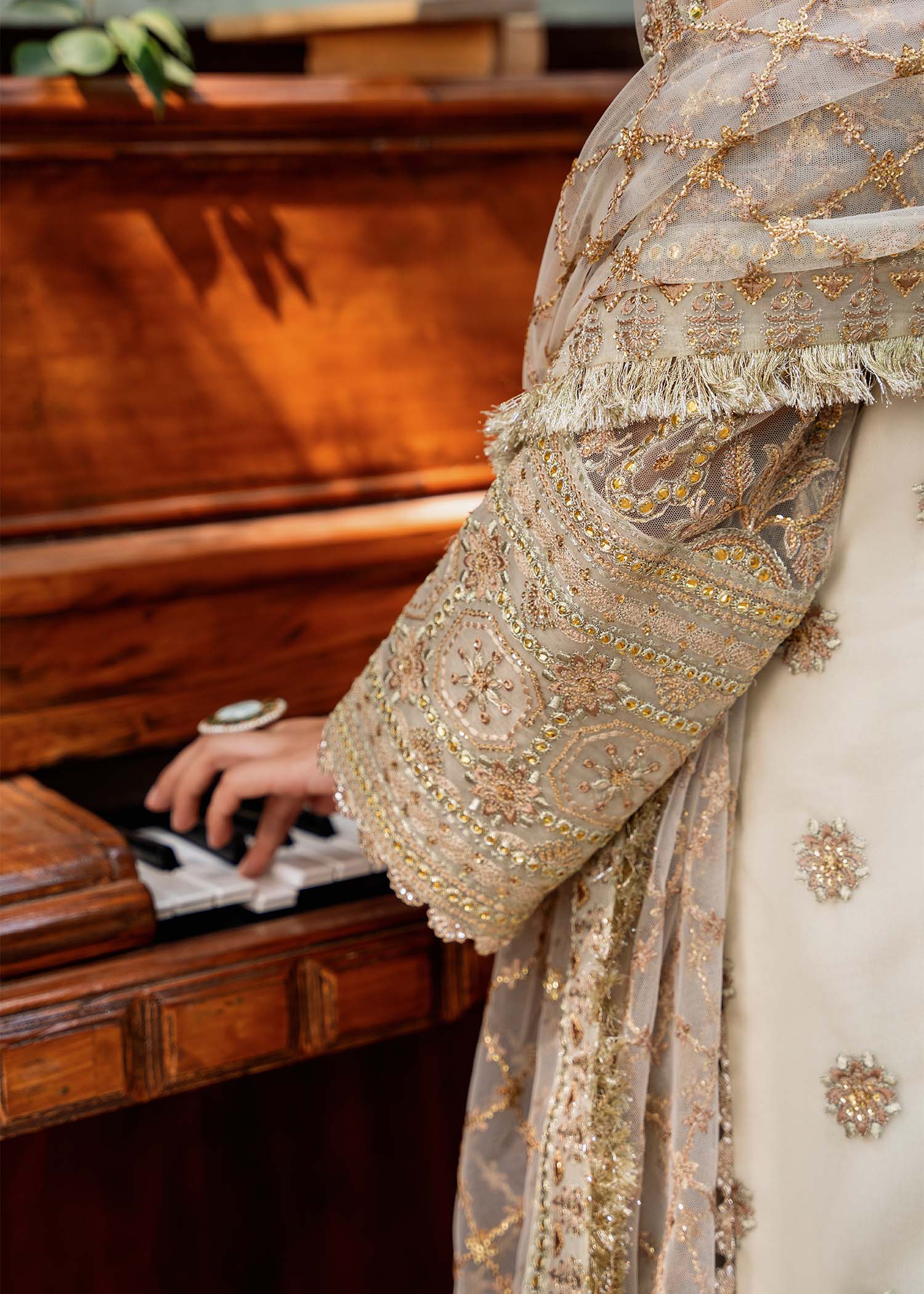 Women Wearing Mehrunisa Beige Long Shirt With Sharara For Formals Events - Pakistani Designer Wear For Women In UK | Kifat