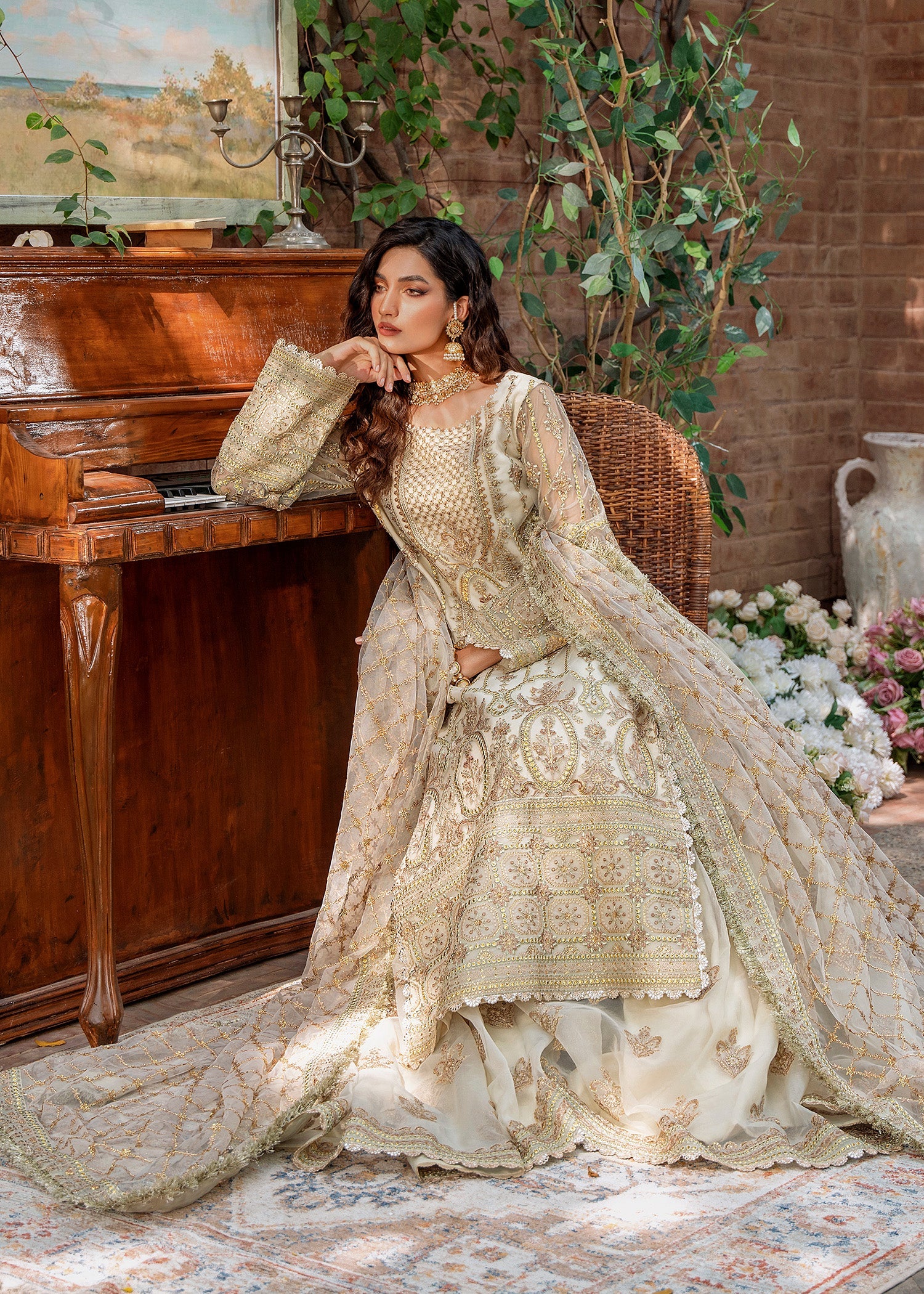 Women Wearing Mehrunisa Beige Long Shirt With Sharara For Formals Events - Pakistani Designer Wear For Women In UK | Kifat