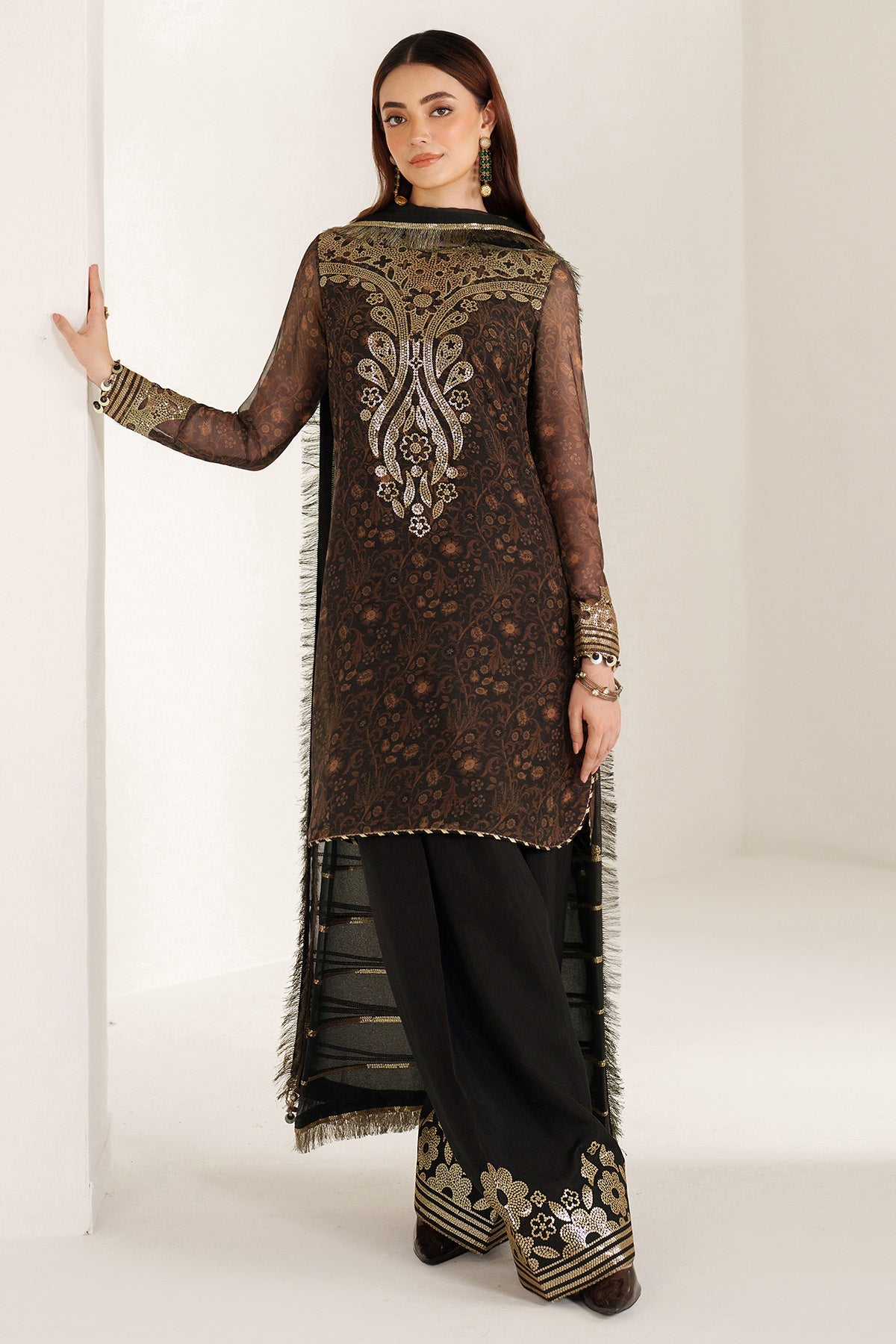 Women Wearing EMBROIDERED CHIFFON UC-3109 Brown Short Shirt for Wedding Events - Pakistani Designer Wear for Women in UK | Kifat