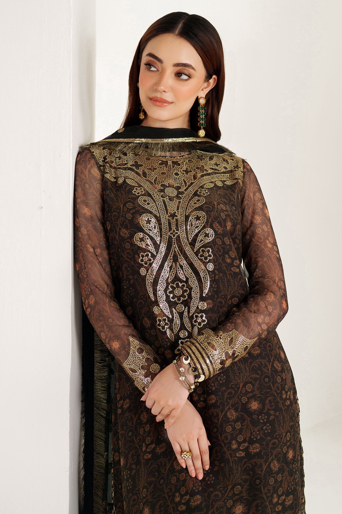 Women Wearing EMBROIDERED CHIFFON UC-3109 Brown Short Shirt for Wedding Events - Pakistani Designer Wear for Women in UK | Kifat