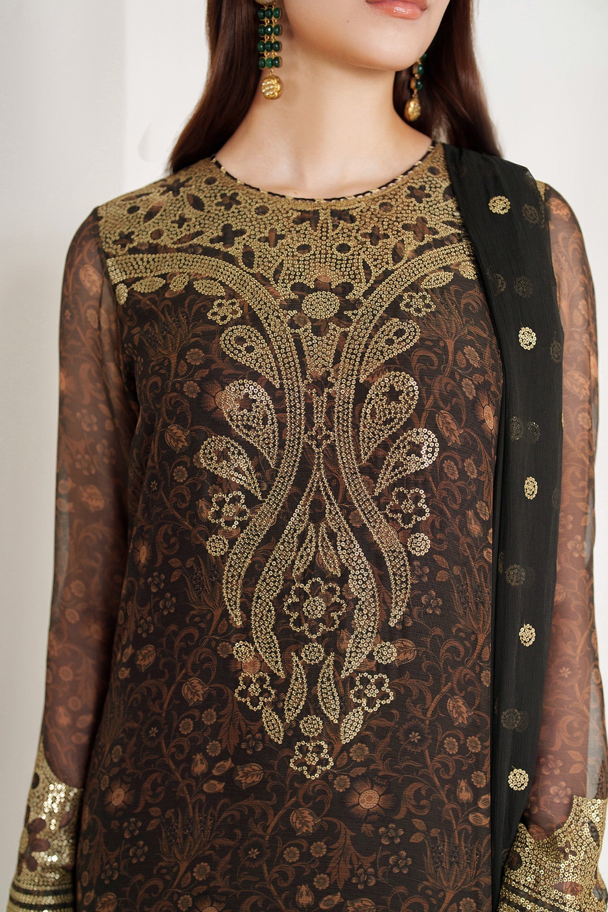Women Wearing EMBROIDERED CHIFFON UC-3109 Brown Short Shirt for Wedding Events - Pakistani Designer Wear for Women in UK | Kifat