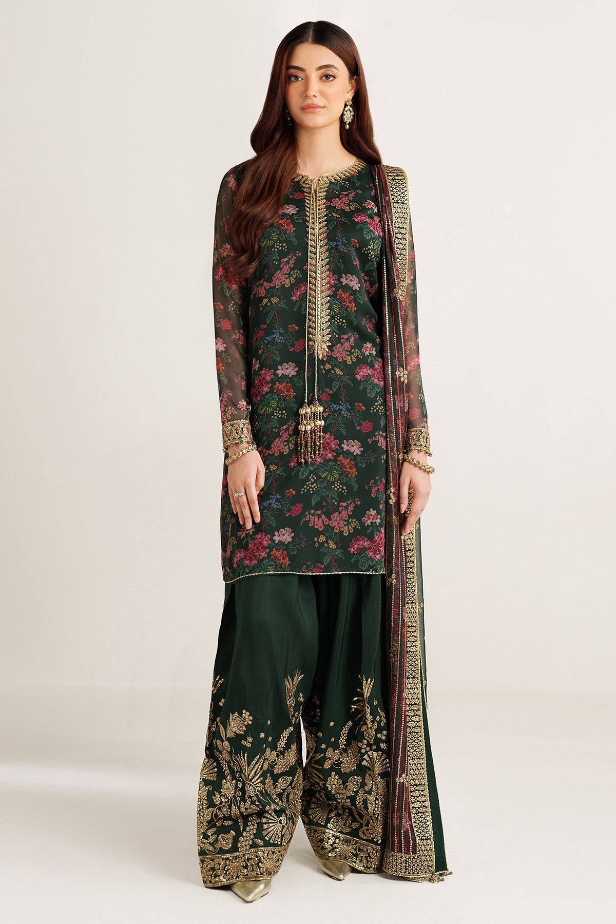 Women Wearing EMBROIDERED CHIFFON UC-3104 Green Short Shirt for Wedding Events - Pakistani Designer Wear for Women in UK | Kifat