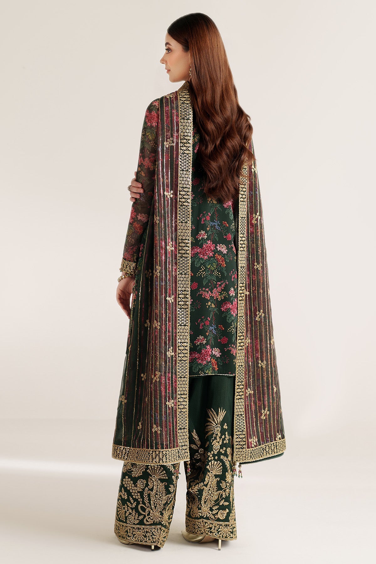 Women Wearing EMBROIDERED CHIFFON UC-3104 Green Short Shirt for Wedding Events - Pakistani Designer Wear for Women in UK | Kifat