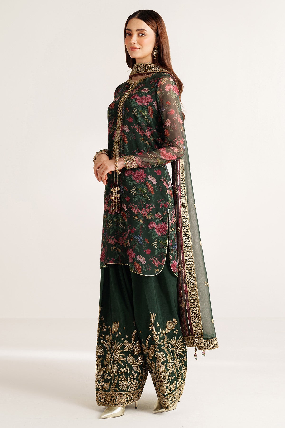 Women Wearing EMBROIDERED CHIFFON UC-3104 Green Short Shirt for Wedding Events - Pakistani Designer Wear for Women in UK | Kifat