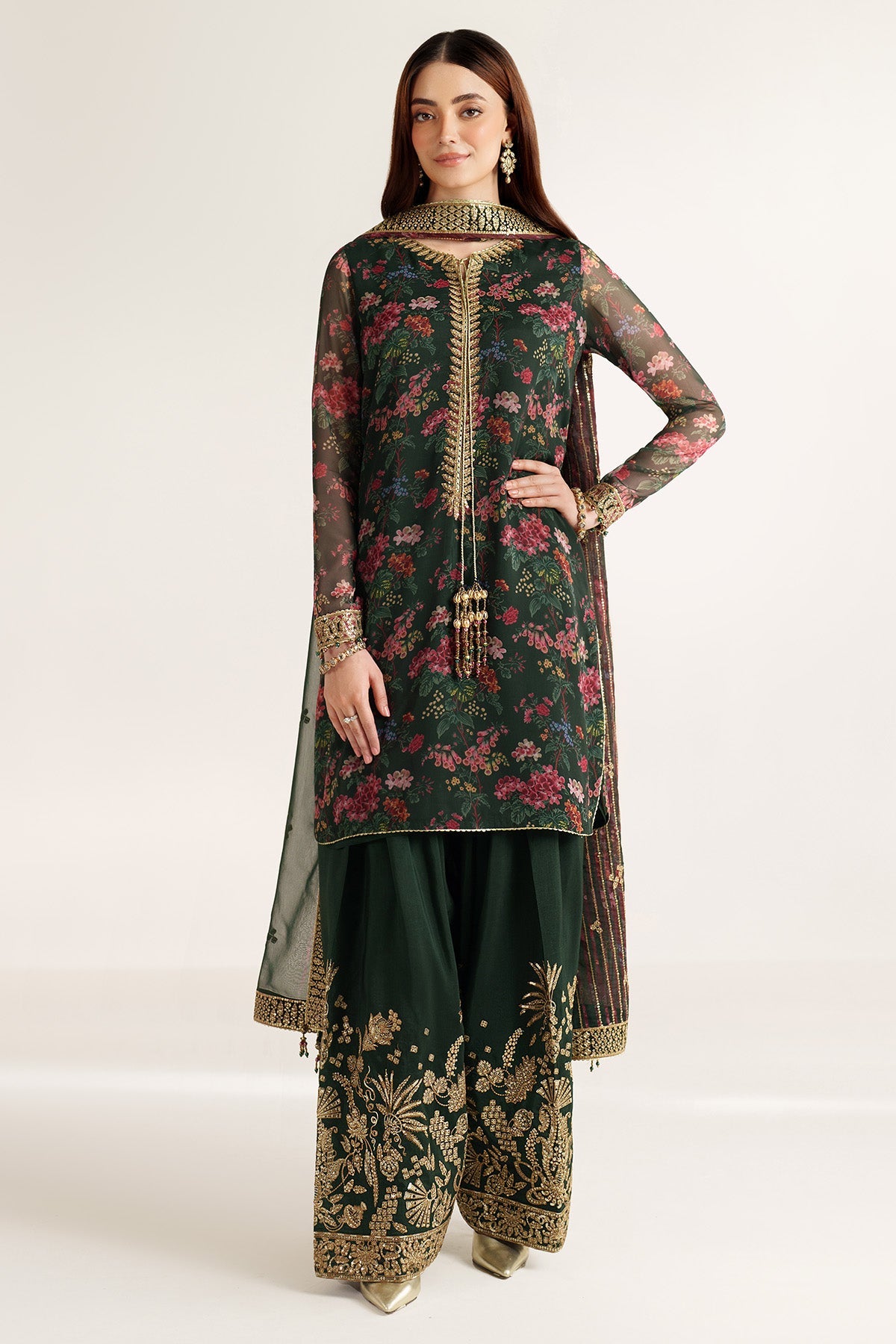 Women Wearing EMBROIDERED CHIFFON UC-3104 Green Short Shirt for Wedding Events - Pakistani Designer Wear for Women in UK | Kifat
