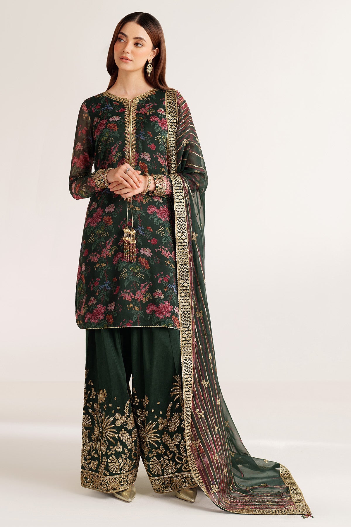 Women Wearing EMBROIDERED CHIFFON UC-3104 Green Short Shirt for Wedding Events - Pakistani Designer Wear for Women in UK | Kifat