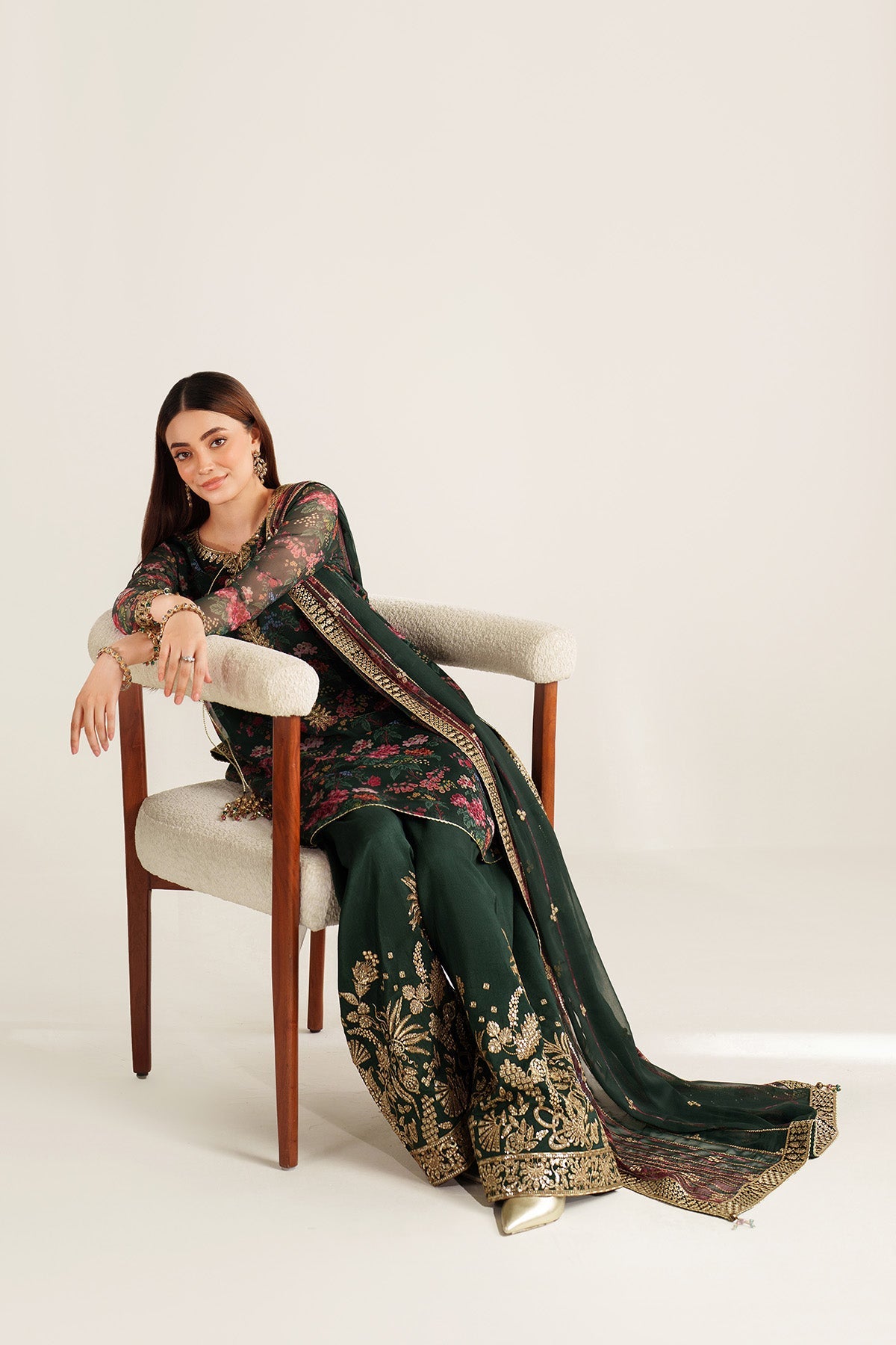 Women Wearing EMBROIDERED CHIFFON UC-3104 Green Short Shirt for Wedding Events - Pakistani Designer Wear for Women in UK | Kifat
