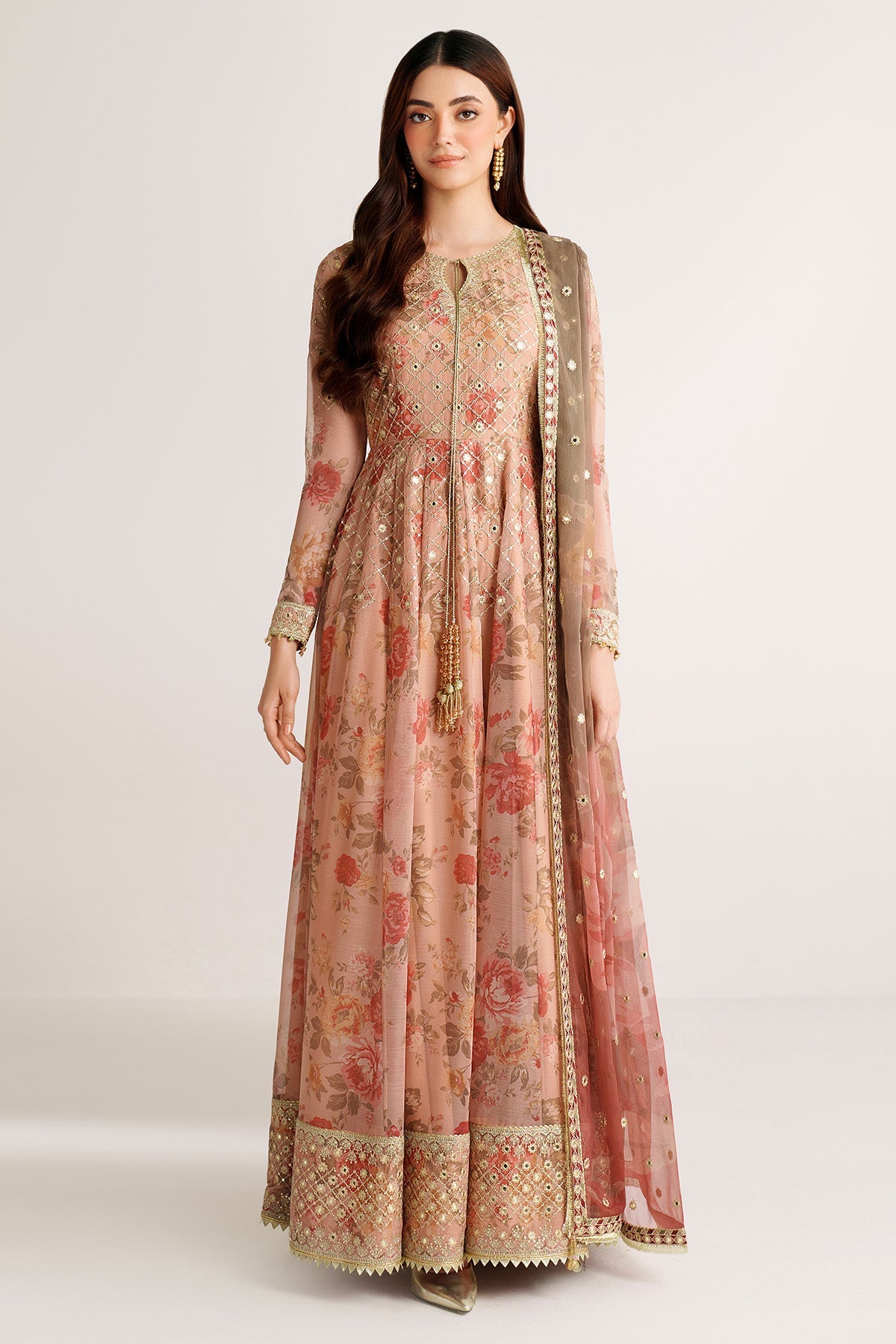 Women Wearing EMBROIDERED CHIFFON UC-3110 Peach Frock for Wedding Events - Pakistani Designer Wear for Women in UK | Kifat