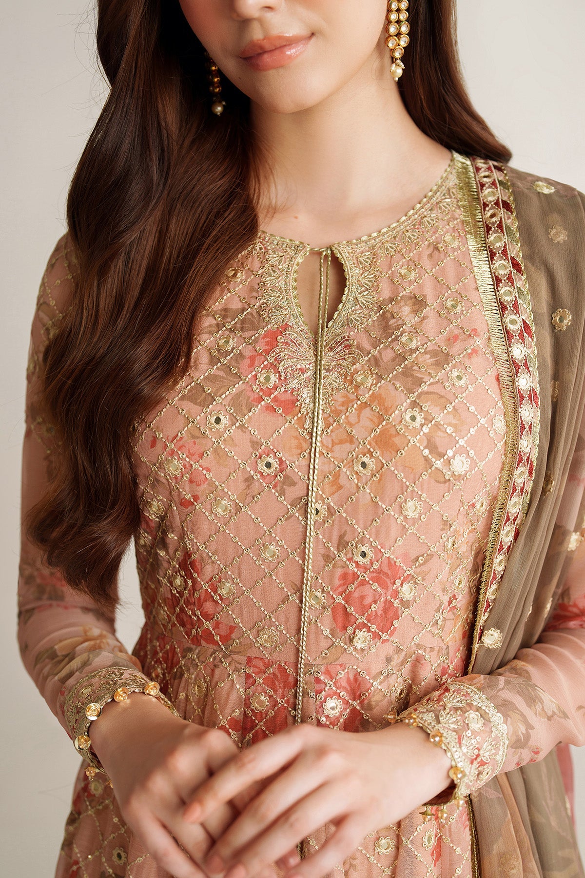 Women Wearing EMBROIDERED CHIFFON UC-3110 Peach Frock for Wedding Events - Pakistani Designer Wear for Women in UK | Kifat