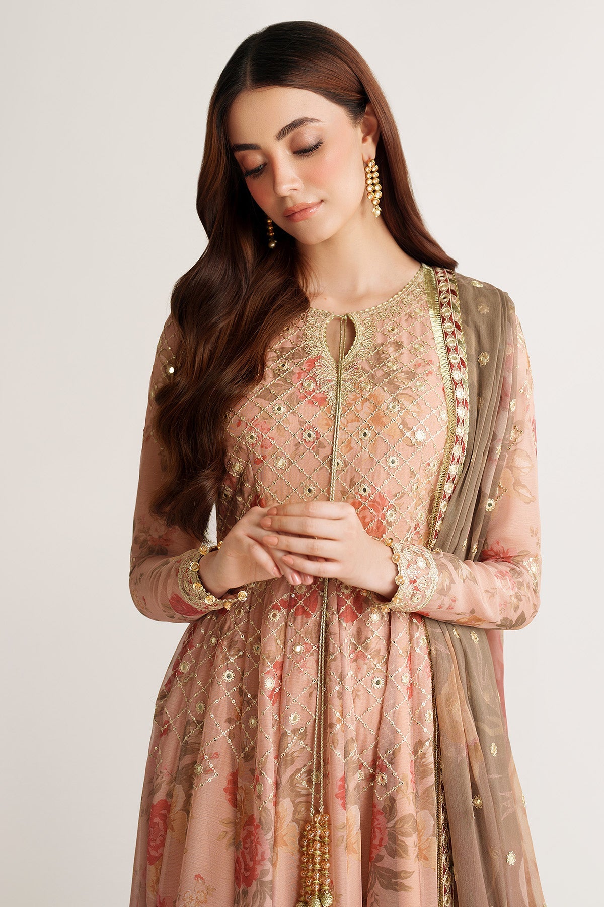 Women Wearing EMBROIDERED CHIFFON UC-3110 Peach Frock for Wedding Events - Pakistani Designer Wear for Women in UK | Kifat