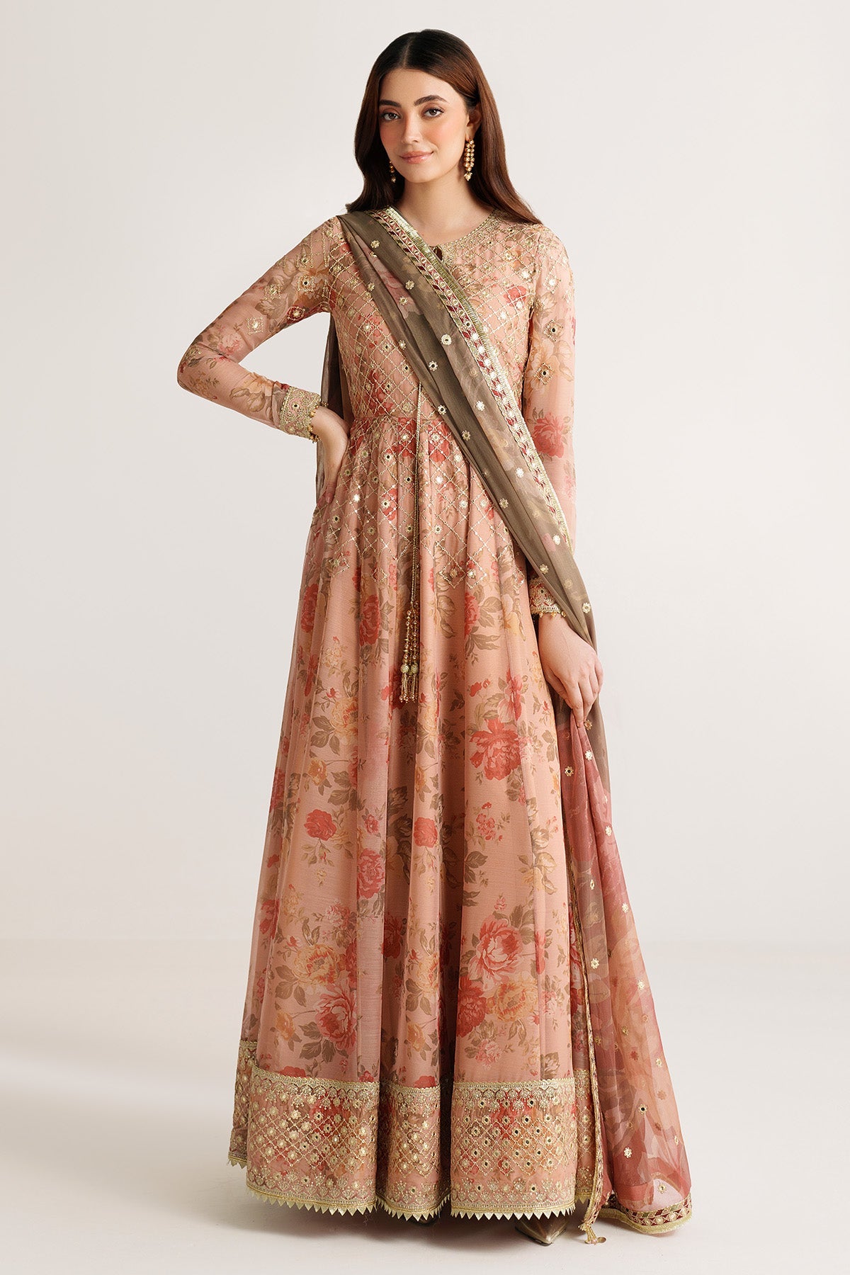 Women Wearing EMBROIDERED CHIFFON UC-3110 Peach Frock for Wedding Events - Pakistani Designer Wear for Women in UK | Kifat