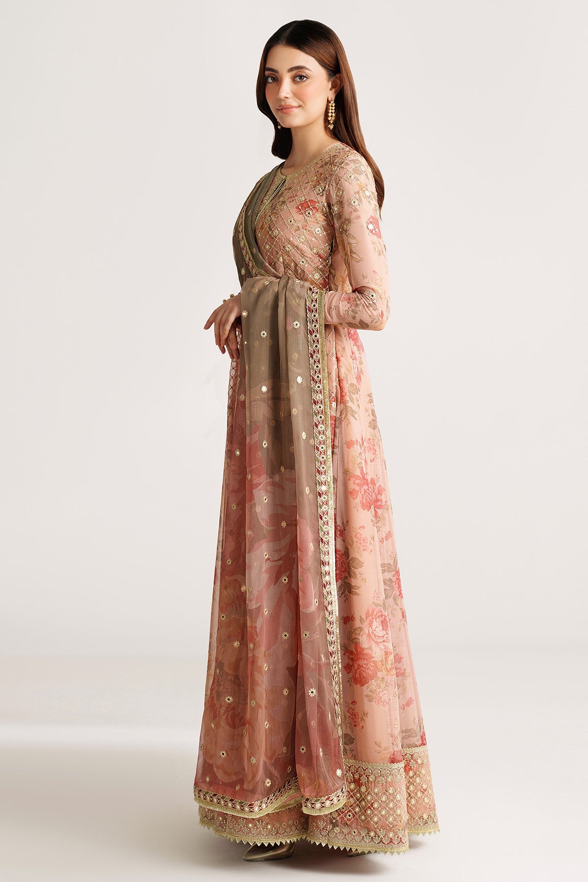 Women Wearing EMBROIDERED CHIFFON UC-3110 Peach Frock for Wedding Events - Pakistani Designer Wear for Women in UK | Kifat