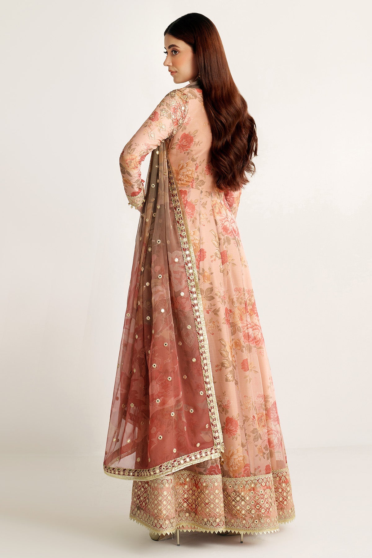 Women Wearing EMBROIDERED CHIFFON UC-3110 Peach Frock for Wedding Events - Pakistani Designer Wear for Women in UK | Kifat