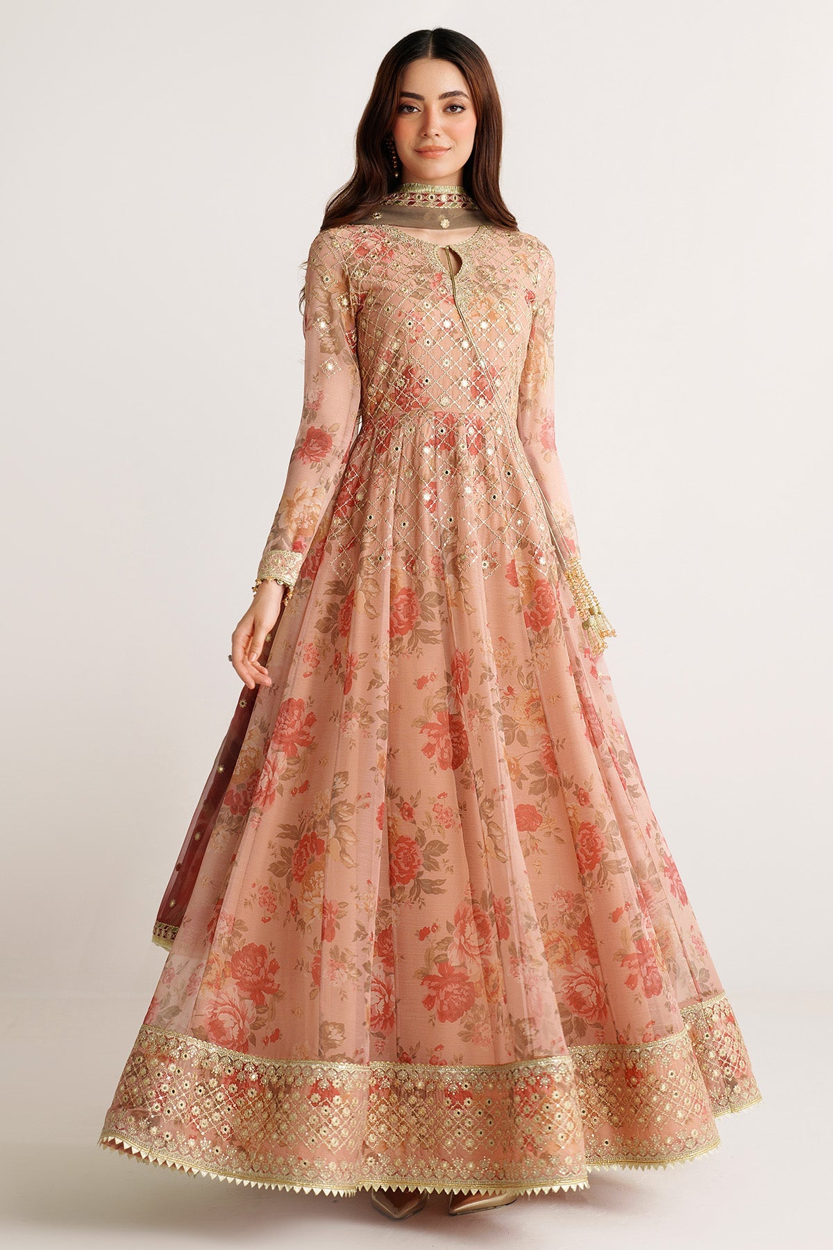 Women Wearing EMBROIDERED CHIFFON UC-3110 Peach Frock for Wedding Events - Pakistani Designer Wear for Women in UK | Kifat