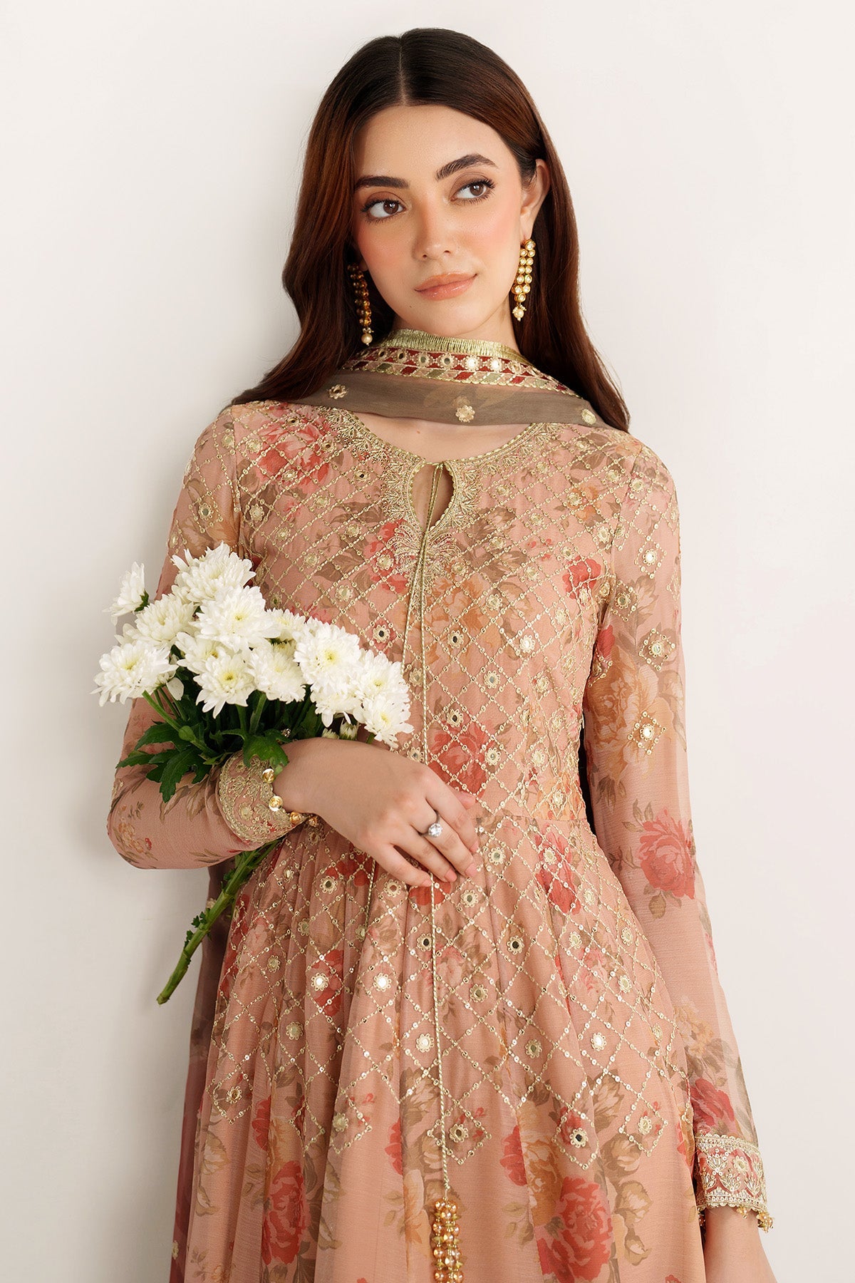 Women Wearing EMBROIDERED CHIFFON UC-3110 Peach Frock for Wedding Events - Pakistani Designer Wear for Women in UK | Kifat