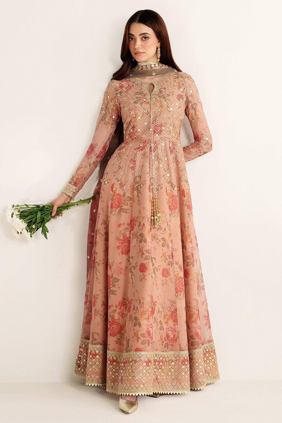 Women Wearing EMBROIDERED CHIFFON UC-3110 Peach Frock for Wedding Events - Pakistani Designer Wear for Women in UK | Kifat