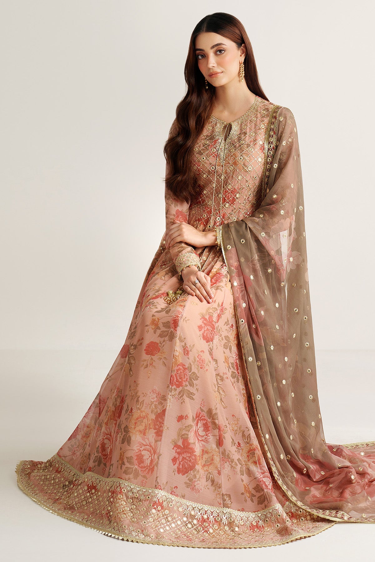 Women Wearing EMBROIDERED CHIFFON UC-3110 Peach Frock for Wedding Events - Pakistani Designer Wear for Women in UK | Kifat