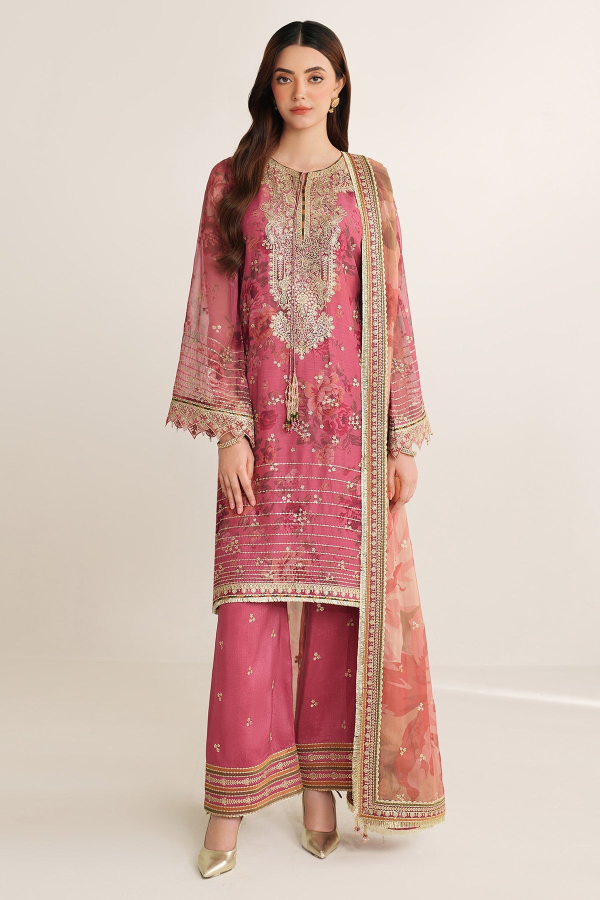Women Wearing EMBROIDERED CHIFFON UC-3105 Pink Short Shirt for Wedding Events - Pakistani Designer Wear for Women in UK | Kifat