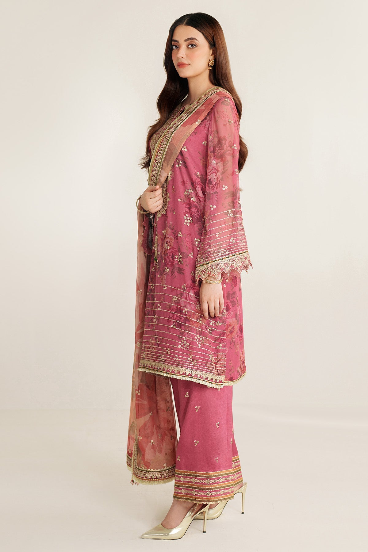 Women Wearing EMBROIDERED CHIFFON UC-3105 Pink Short Shirt for Wedding Events - Pakistani Designer Wear for Women in UK | Kifat