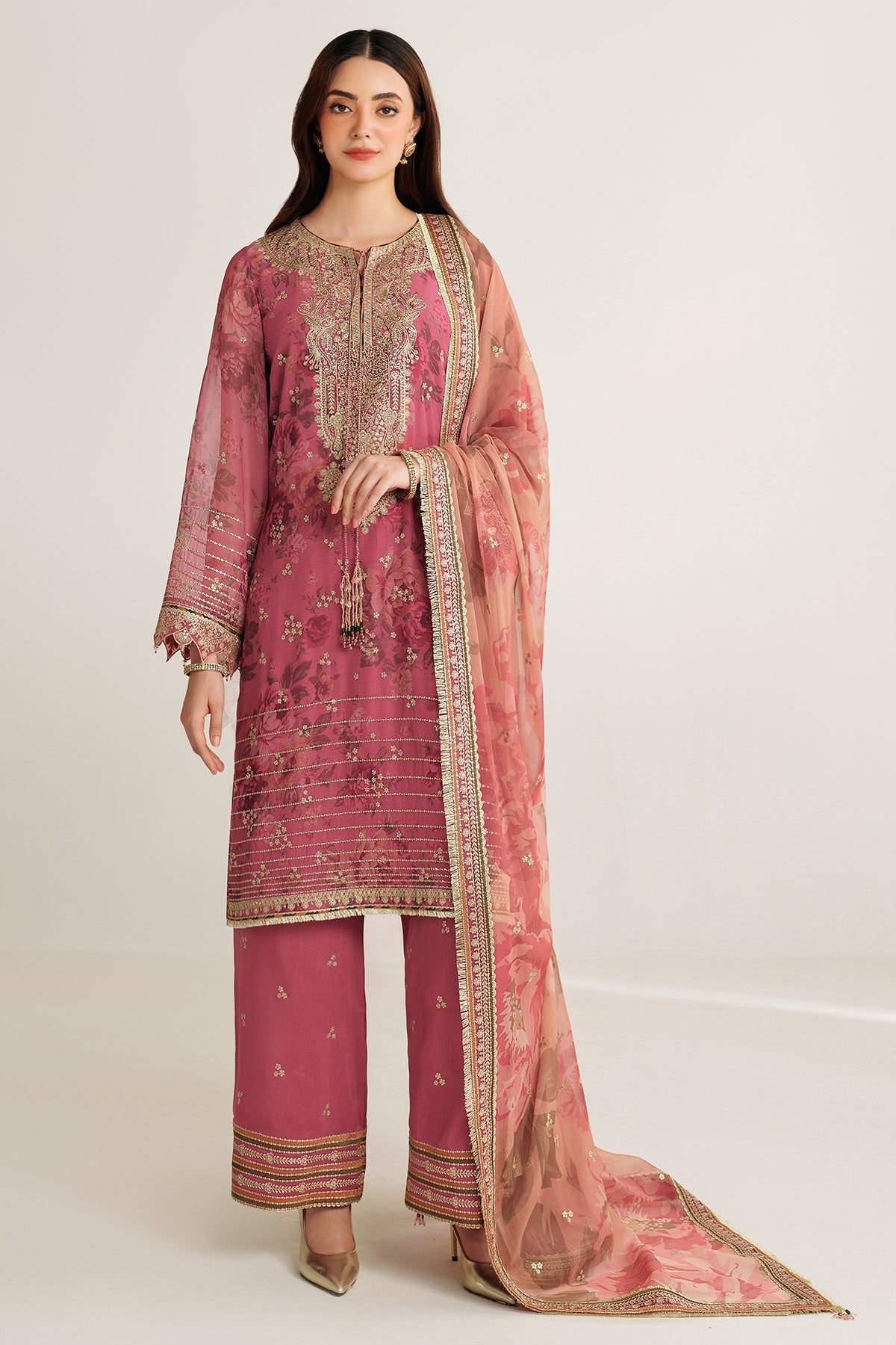 Women Wearing EMBROIDERED CHIFFON UC-3105 Pink Short Shirt for Wedding Events - Pakistani Designer Wear for Women in UK | Kifat
