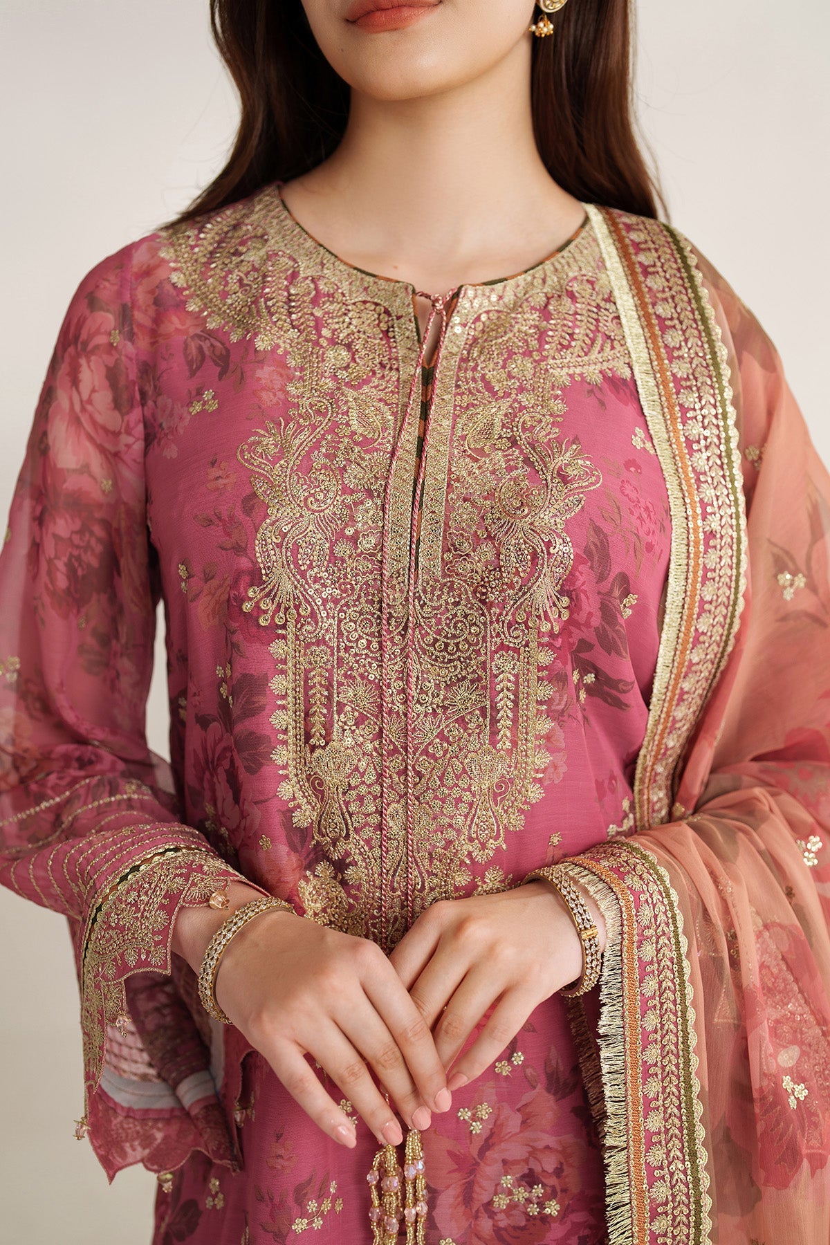 Women Wearing EMBROIDERED CHIFFON UC-3105 Pink Short Shirt for Wedding Events - Pakistani Designer Wear for Women in UK | Kifat