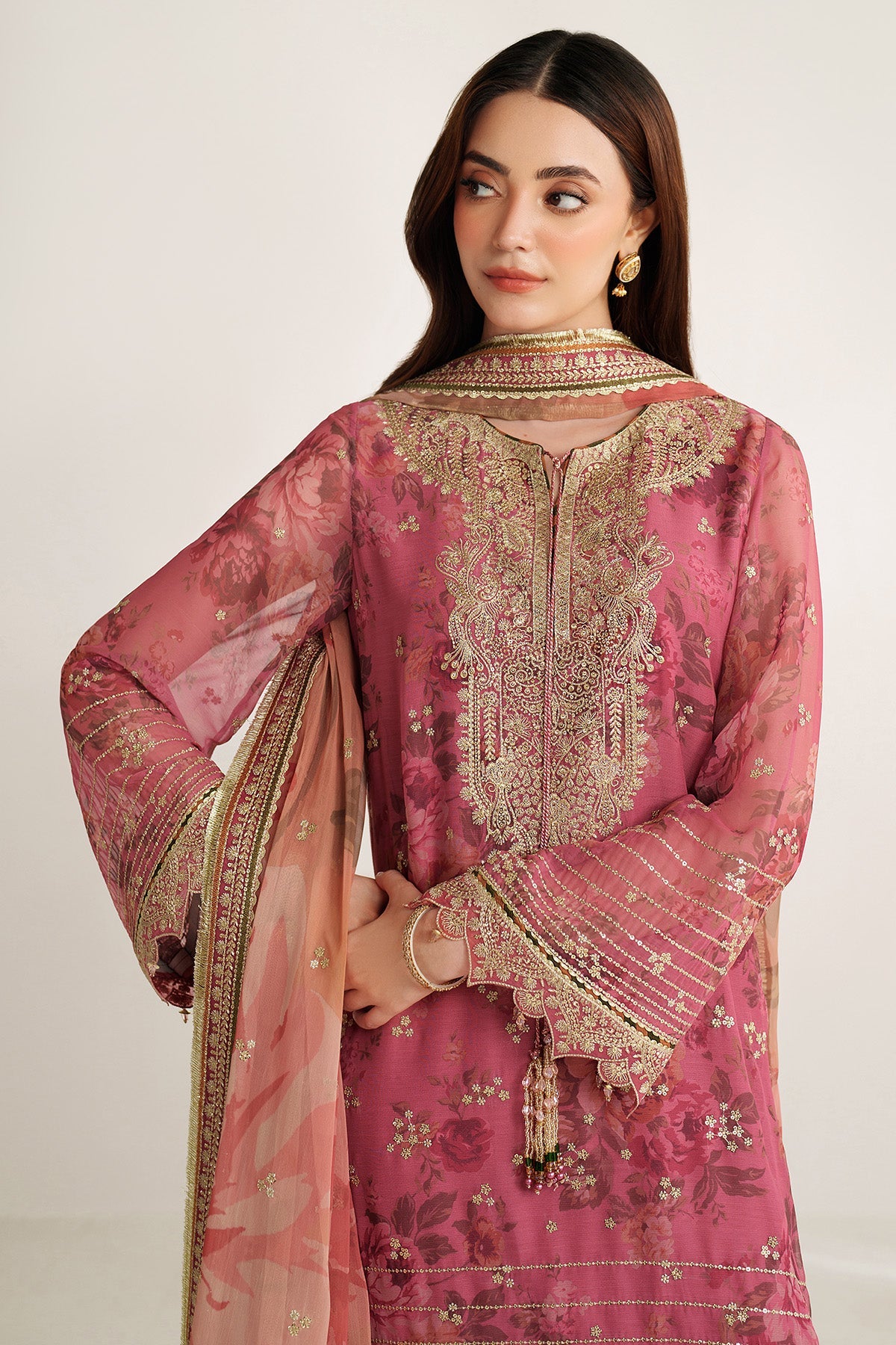 Women Wearing EMBROIDERED CHIFFON UC-3105 Pink Short Shirt for Wedding Events - Pakistani Designer Wear for Women in UK | Kifat