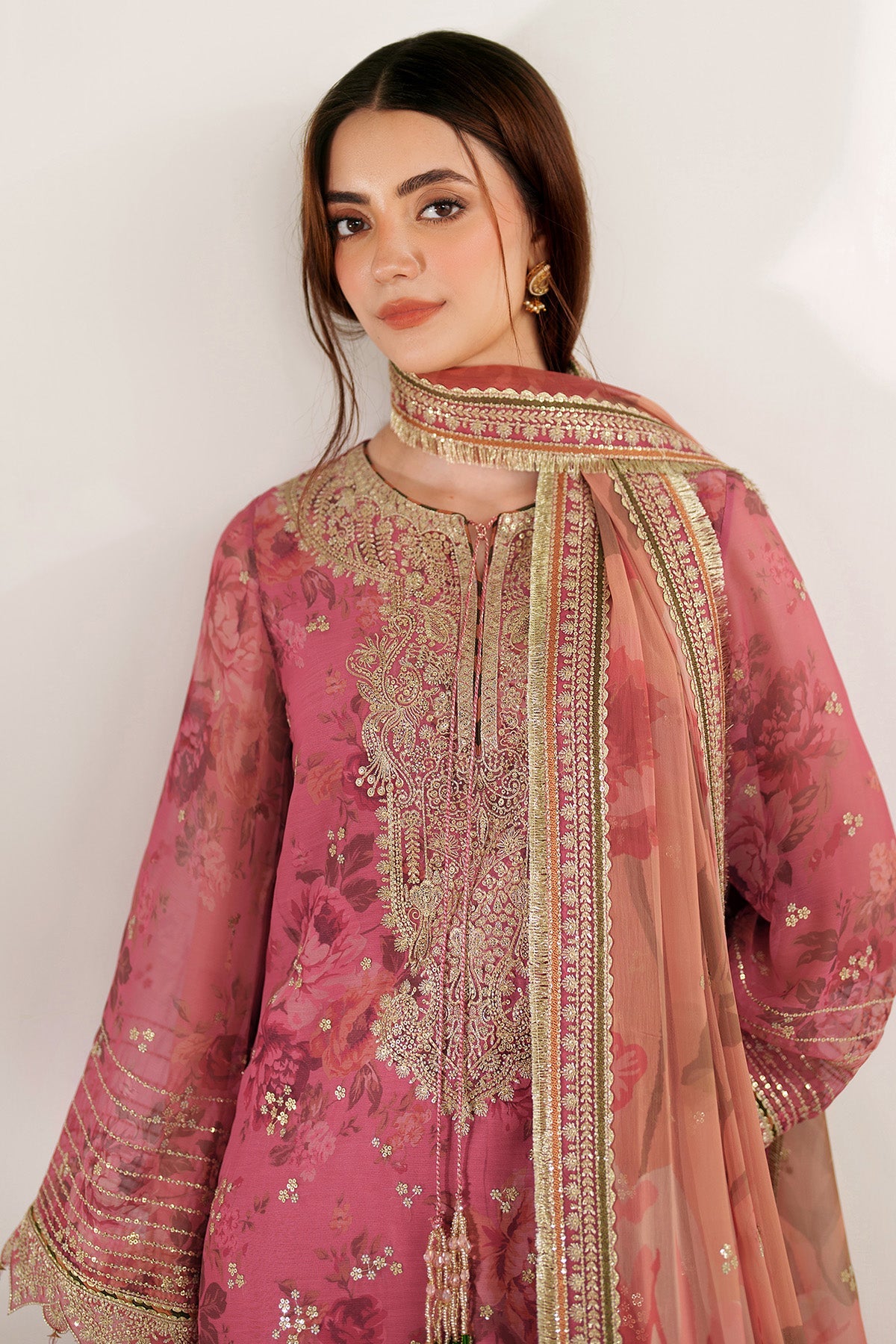 Women Wearing EMBROIDERED CHIFFON UC-3105 Pink Short Shirt for Wedding Events - Pakistani Designer Wear for Women in UK | Kifat