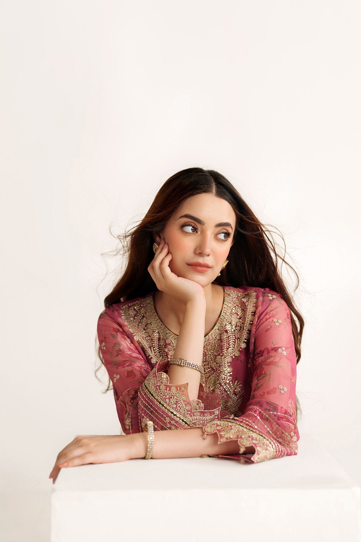 Women Wearing EMBROIDERED CHIFFON UC-3105 Pink Short Shirt for Wedding Events - Pakistani Designer Wear for Women in UK | Kifat