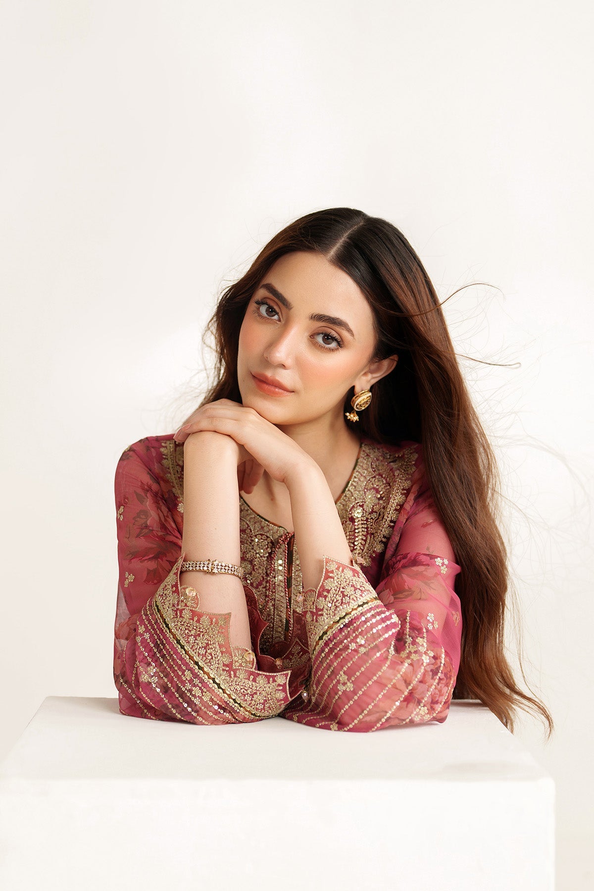 Women Wearing EMBROIDERED CHIFFON UC-3105 Pink Short Shirt for Wedding Events - Pakistani Designer Wear for Women in UK | Kifat