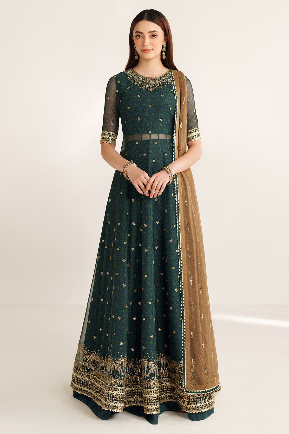 Women Wearing EMBROIDERED CHIFFON UC-3102 Green Frock for Wedding Events - Pakistani Designer Wear for Women in UK | Kifat