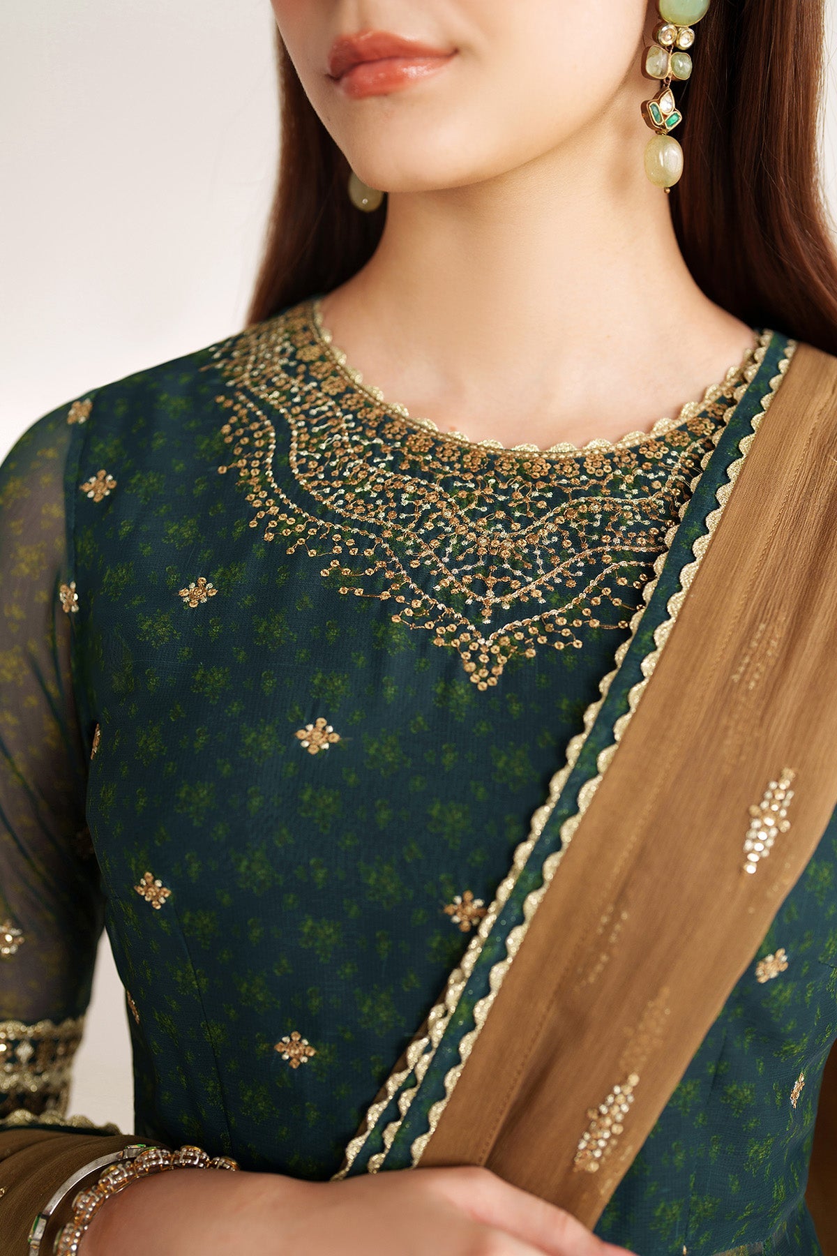 Women Wearing EMBROIDERED CHIFFON UC-3102 Green Frock for Wedding Events - Pakistani Designer Wear for Women in UK | Kifat