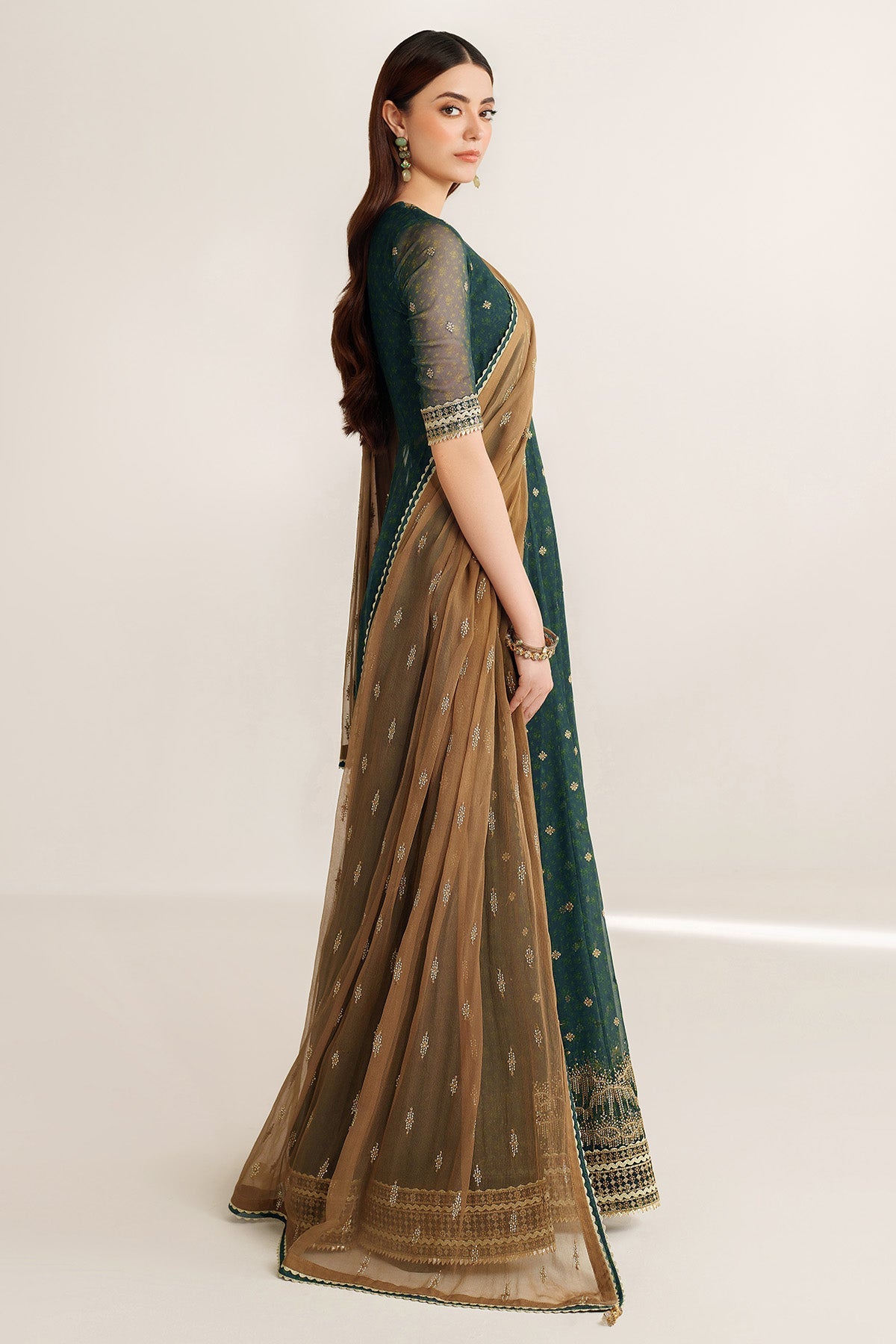 Women Wearing EMBROIDERED CHIFFON UC-3102 Green Frock for Wedding Events - Pakistani Designer Wear for Women in UK | Kifat