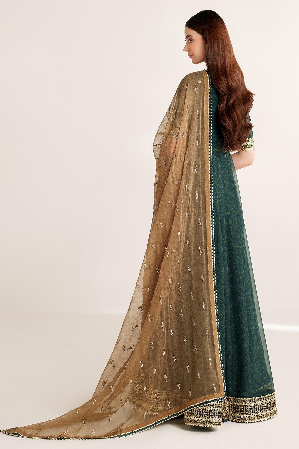Women Wearing EMBROIDERED CHIFFON UC-3102 Green Frock for Wedding Events - Pakistani Designer Wear for Women in UK | Kifat