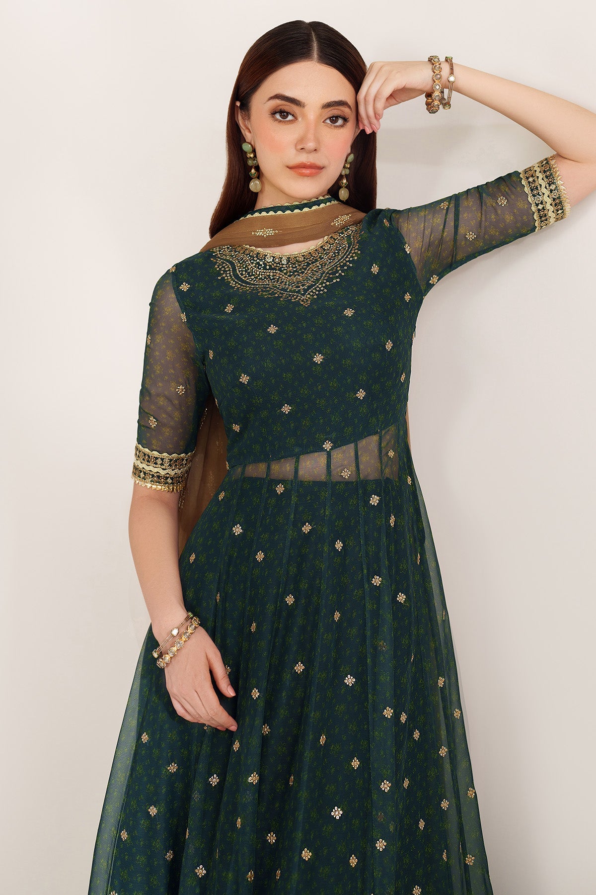 Women Wearing EMBROIDERED CHIFFON UC-3102 Green Frock for Wedding Events - Pakistani Designer Wear for Women in UK | Kifat