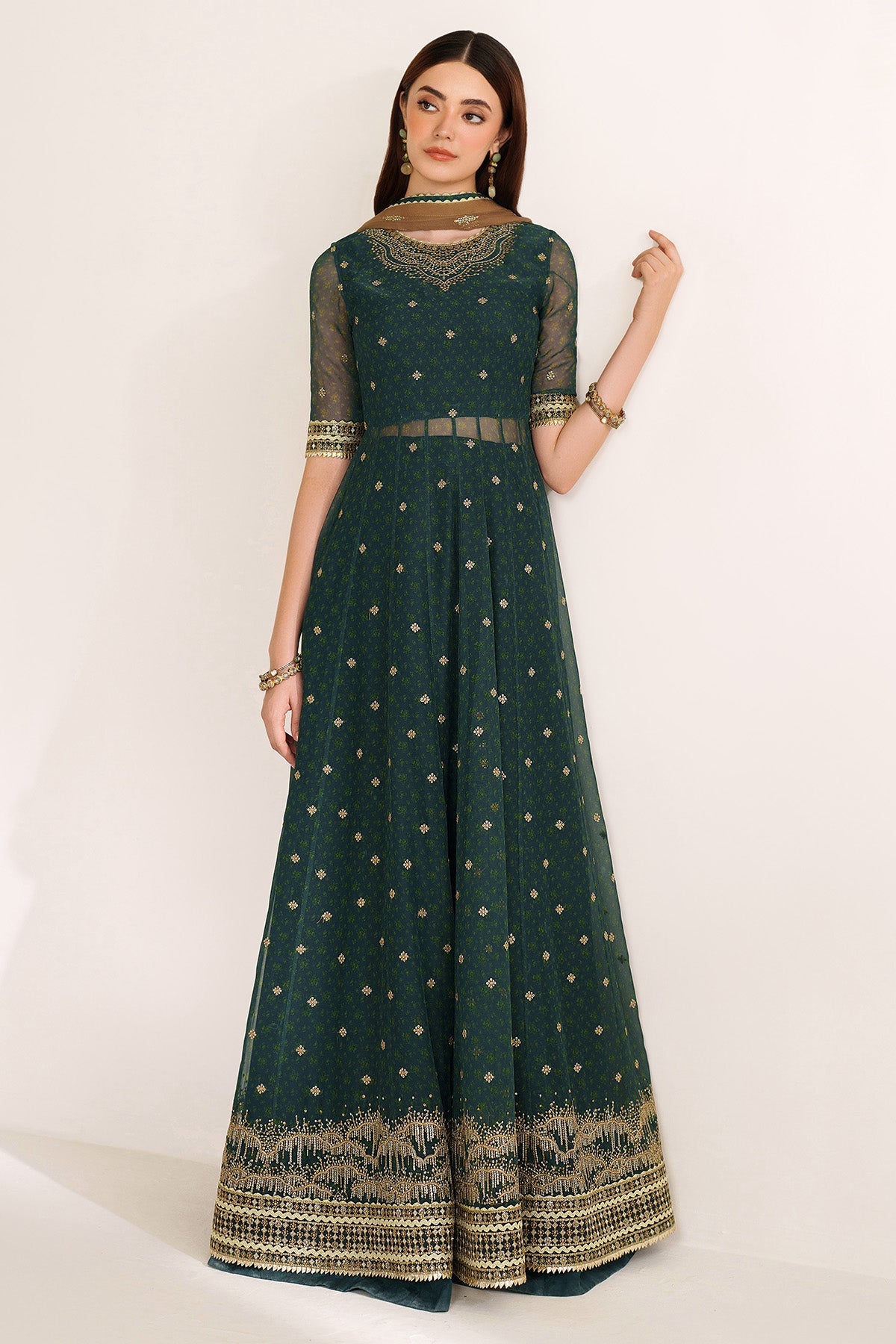 Women Wearing EMBROIDERED CHIFFON UC-3102 Green Frock for Wedding Events - Pakistani Designer Wear for Women in UK | Kifat