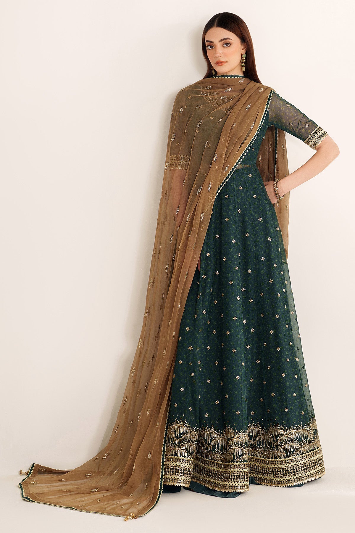 Women Wearing EMBROIDERED CHIFFON UC-3102 Green Frock for Wedding Events - Pakistani Designer Wear for Women in UK | Kifat