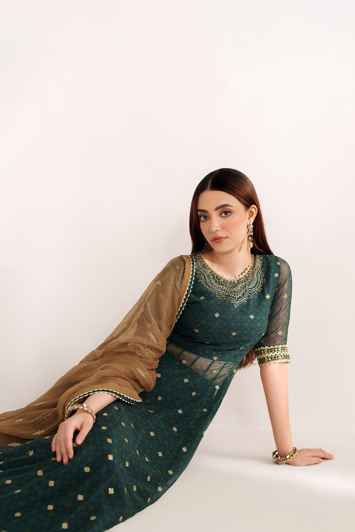 Women Wearing EMBROIDERED CHIFFON UC-3102 Green Frock for Wedding Events - Pakistani Designer Wear for Women in UK | Kifat