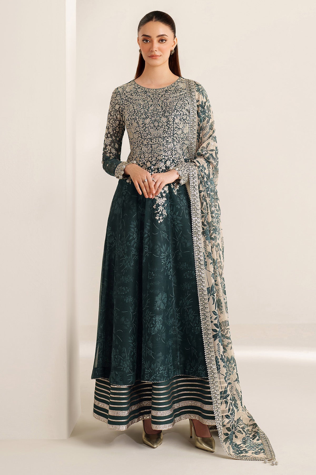 Women Wearing EMBROIDERED CHIFFON UC-3108 Sea Green Frock for Wedding Events - Pakistani Designer Wear for Women in UK | Kifat