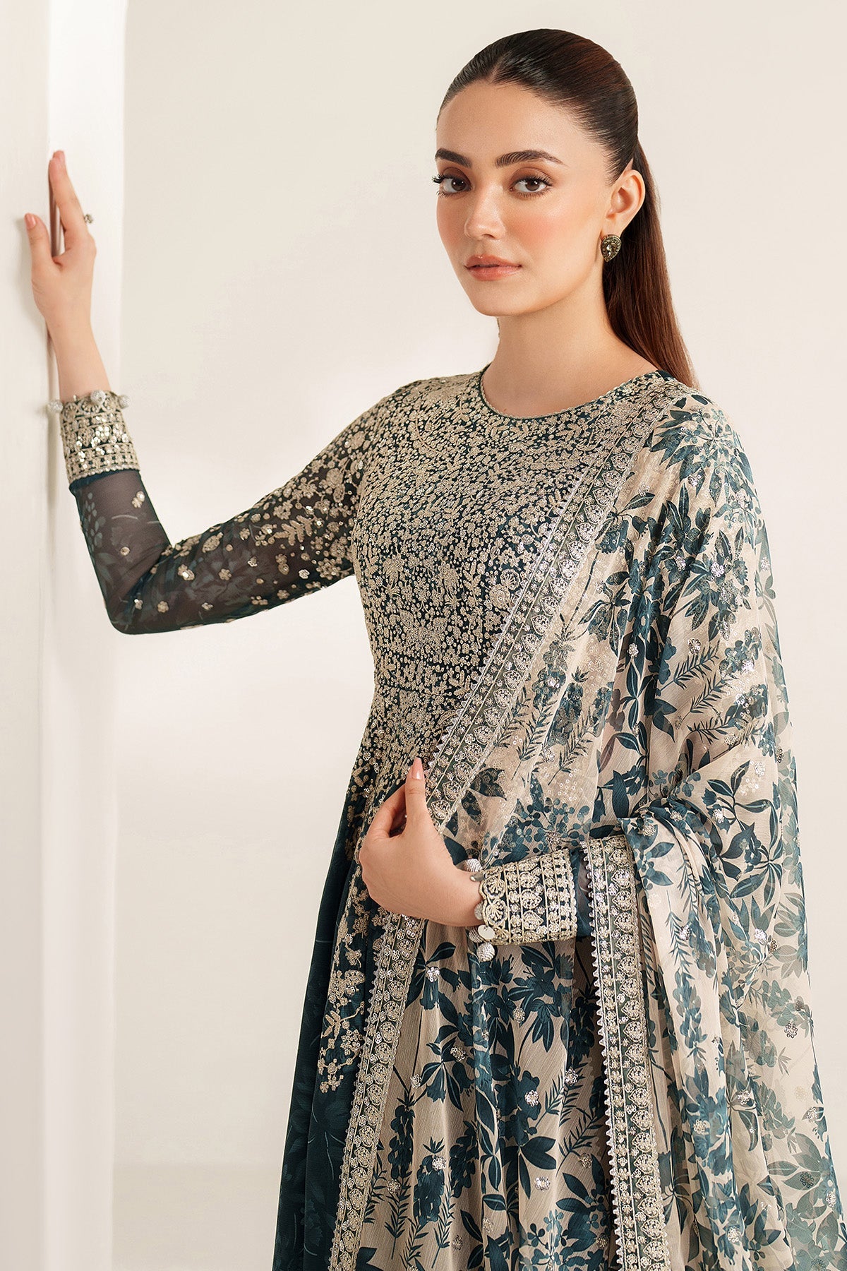 Women Wearing EMBROIDERED CHIFFON UC-3108 Sea Green Frock for Wedding Events - Pakistani Designer Wear for Women in UK | Kifat