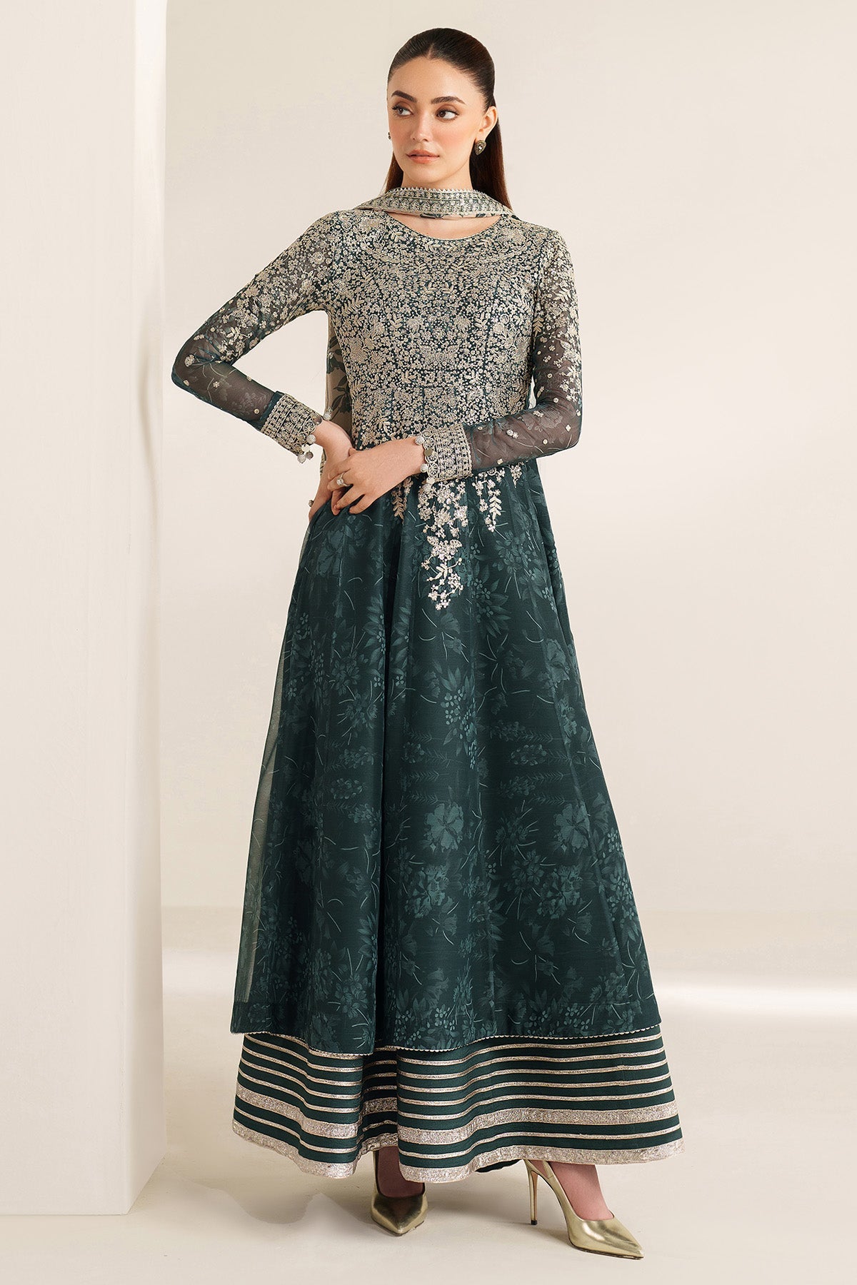 Women Wearing EMBROIDERED CHIFFON UC-3108 Sea Green Frock for Wedding Events - Pakistani Designer Wear for Women in UK | Kifat
