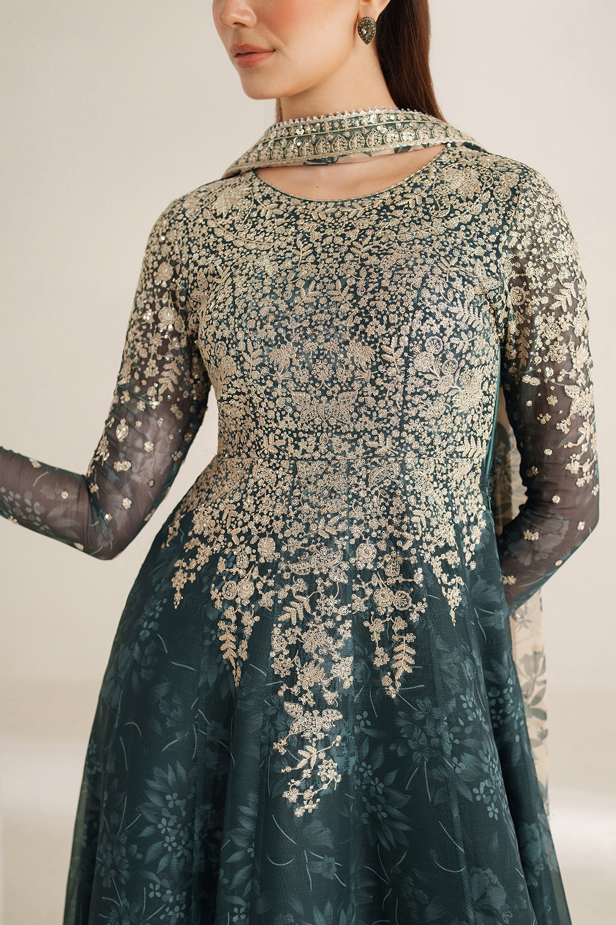 Women Wearing EMBROIDERED CHIFFON UC-3108 Sea Green Frock for Wedding Events - Pakistani Designer Wear for Women in UK | Kifat